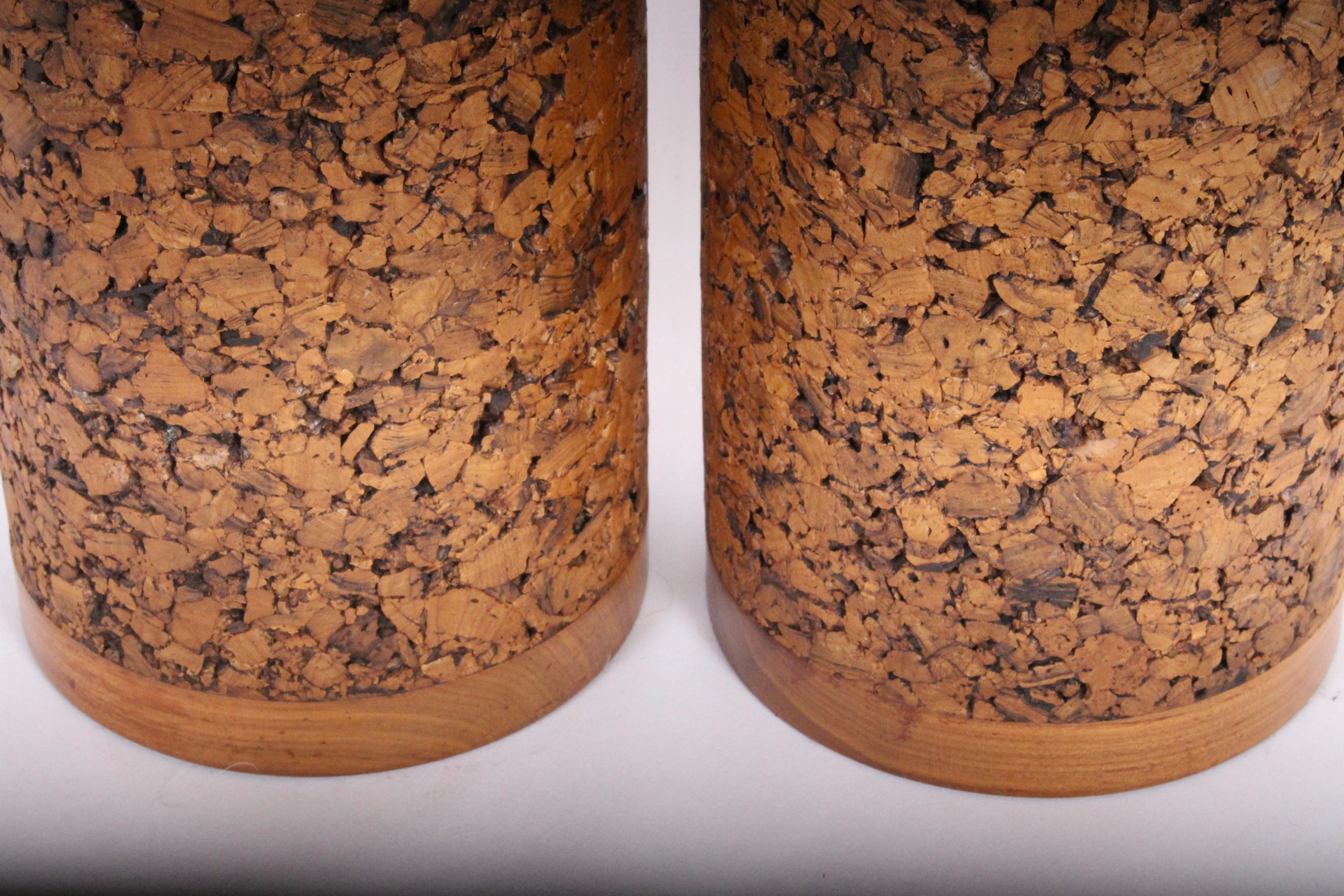 Monumental Pair of Contoured Natural Cork & Walnut Table Lamps, 1960's In Good Condition In Bainbridge, NY