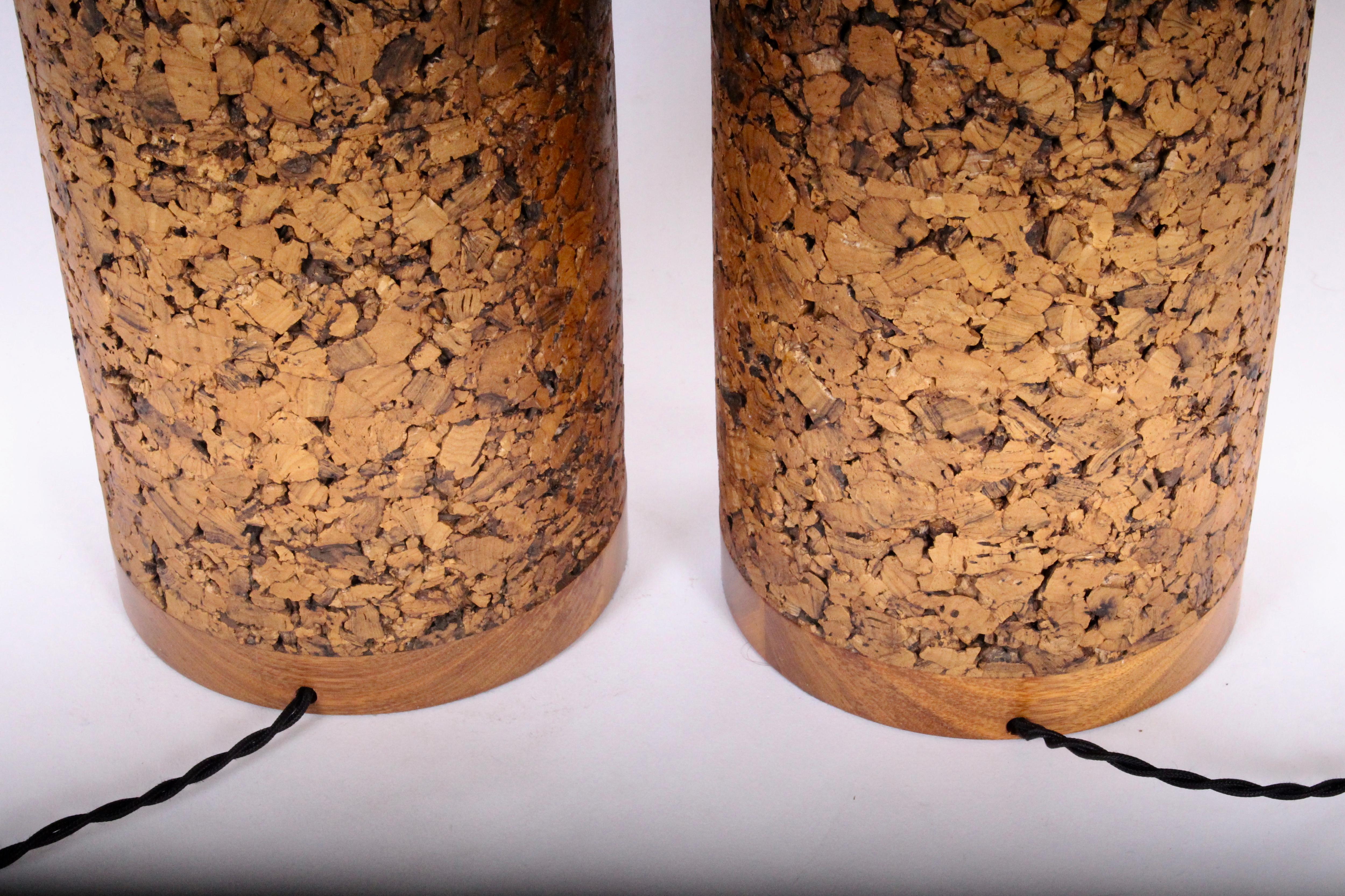Mid-20th Century Monumental Pair of Contoured Natural Cork & Walnut Table Lamps, 1960's