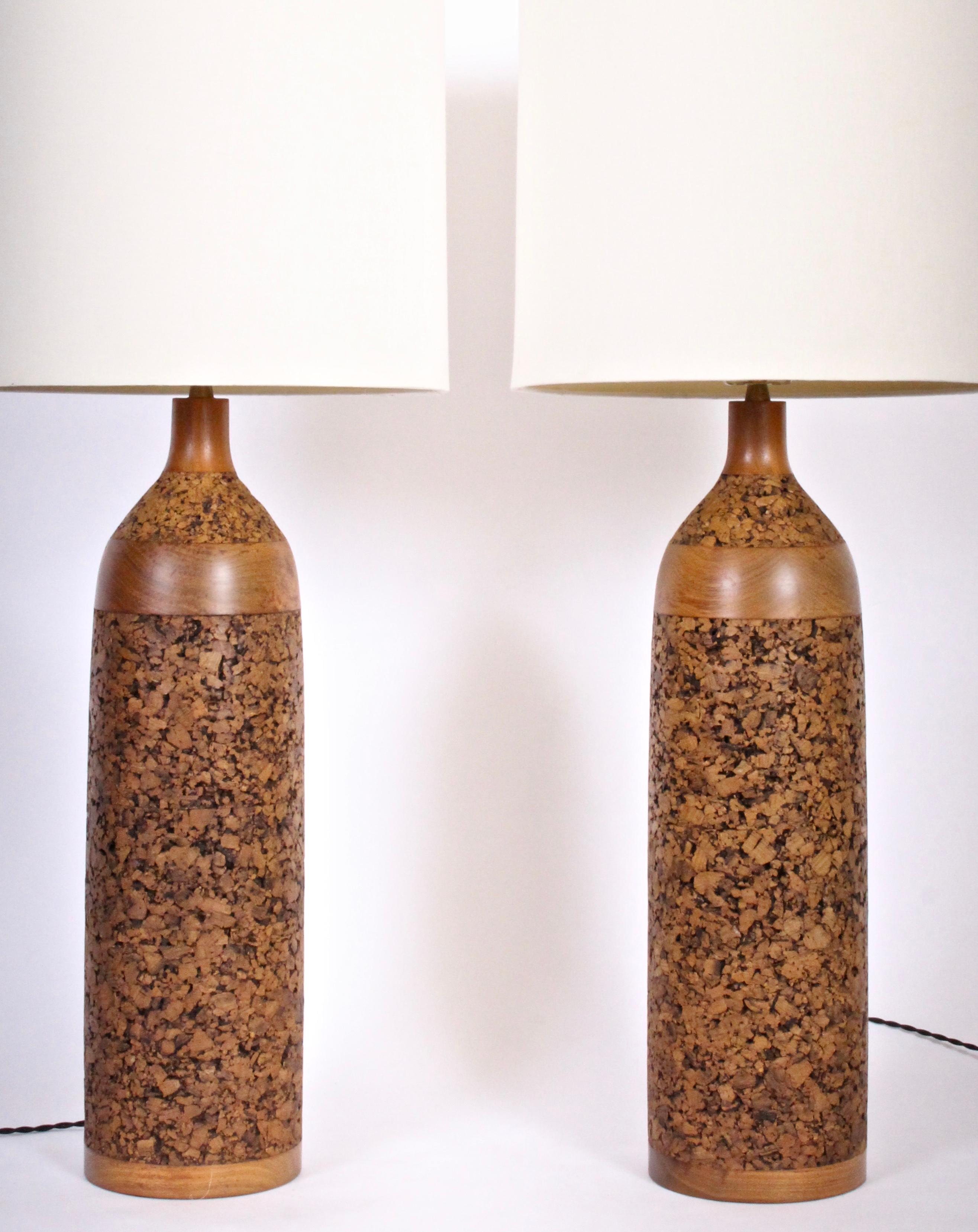 Monumental Pair of Contoured Natural Cork & Walnut Table Lamps, 1960's 1