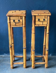 Slim Pair Of Mid-Century Modern Cane Bedside Tables/Nightstands