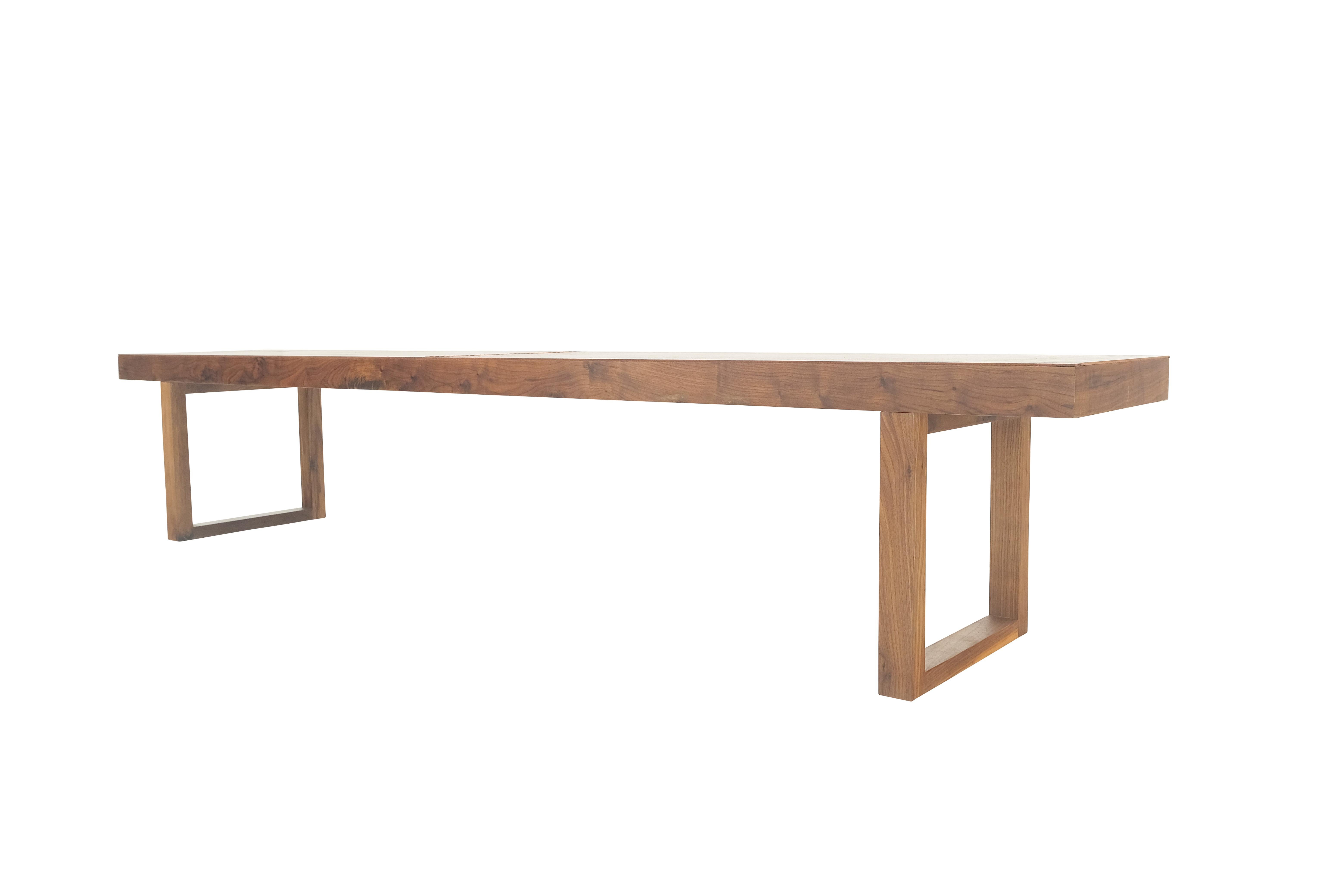 Slim Profile Solid Walnut Frame Integrated leather Cushion 7.5' Long Bench In Excellent Condition In Rockaway, NJ
