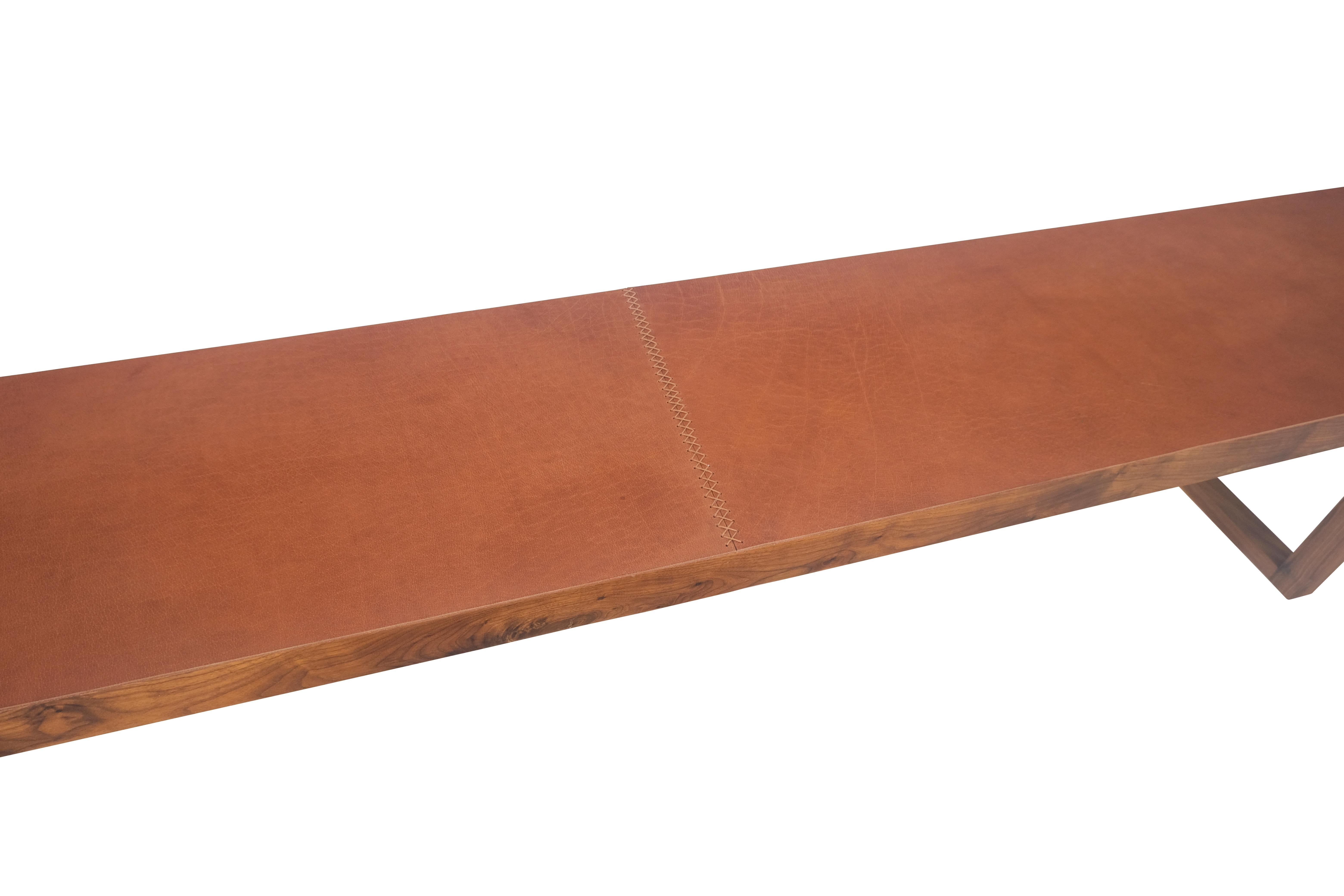Slim Profile Solid Walnut Frame Integrated leather Cushion 7.5' Long Bench For Sale 2