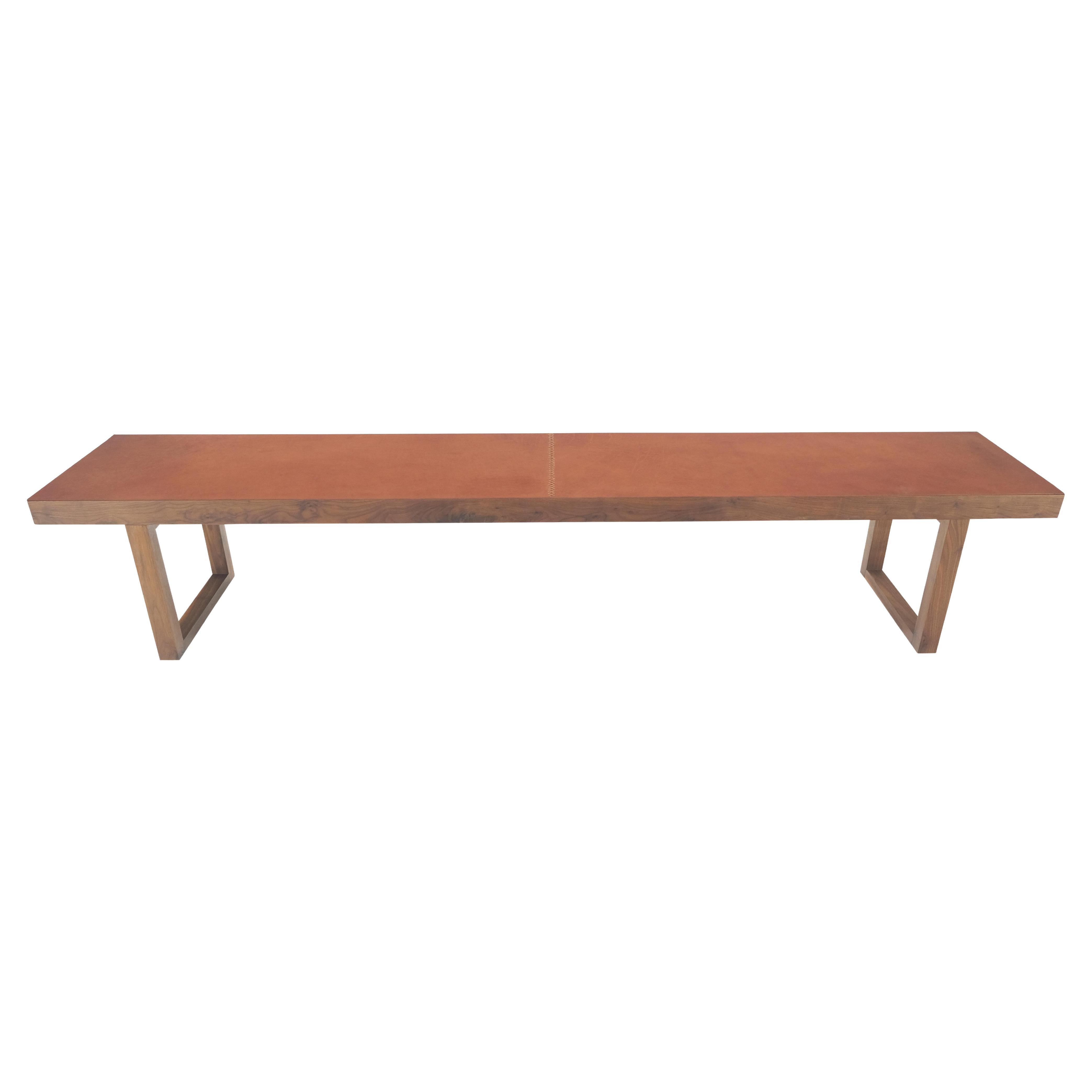 Slim Profile Solid Walnut Frame Integrated leather Cushion 7.5' Long Bench For Sale