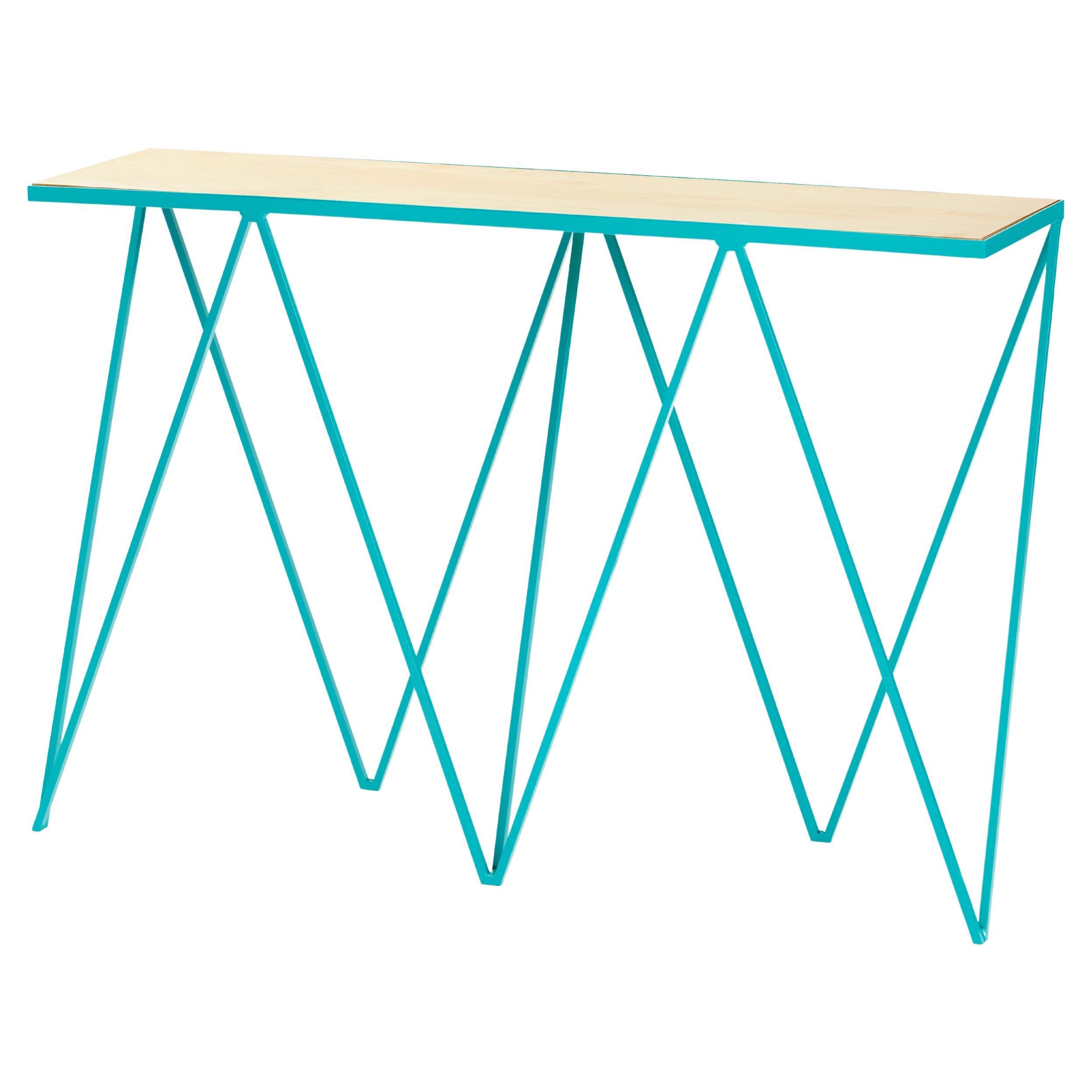 Table console mince en acier turquoise avec plateau en bois / personnalisable