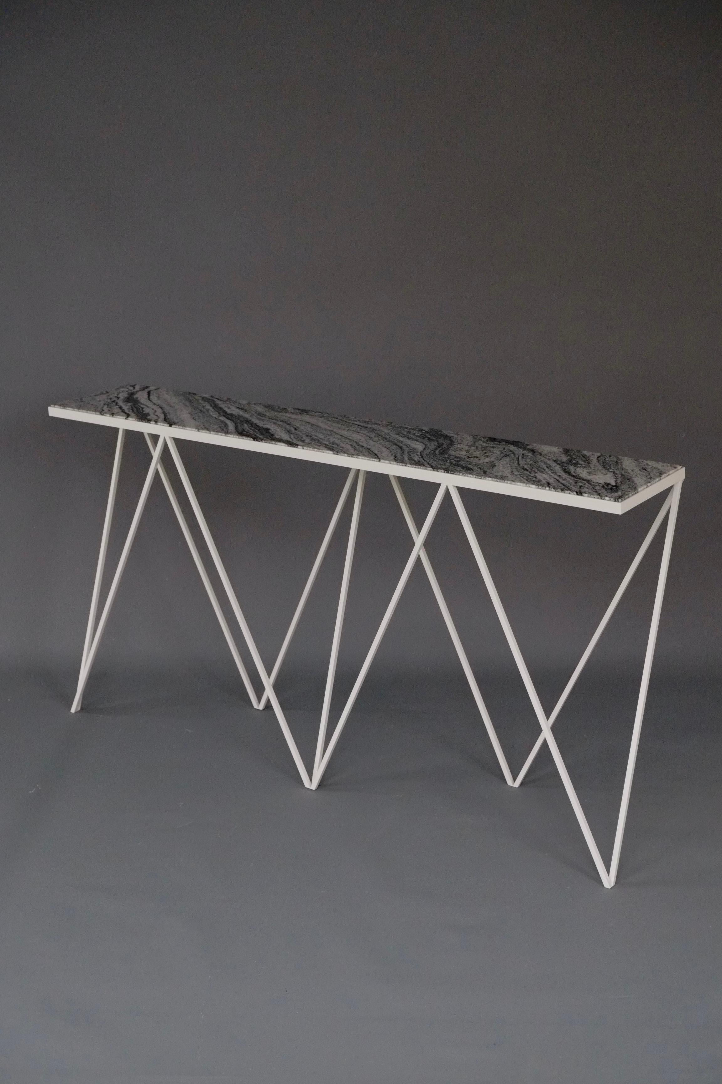 British Slim White Steel Console Table with Granite Table Top / Customizable For Sale