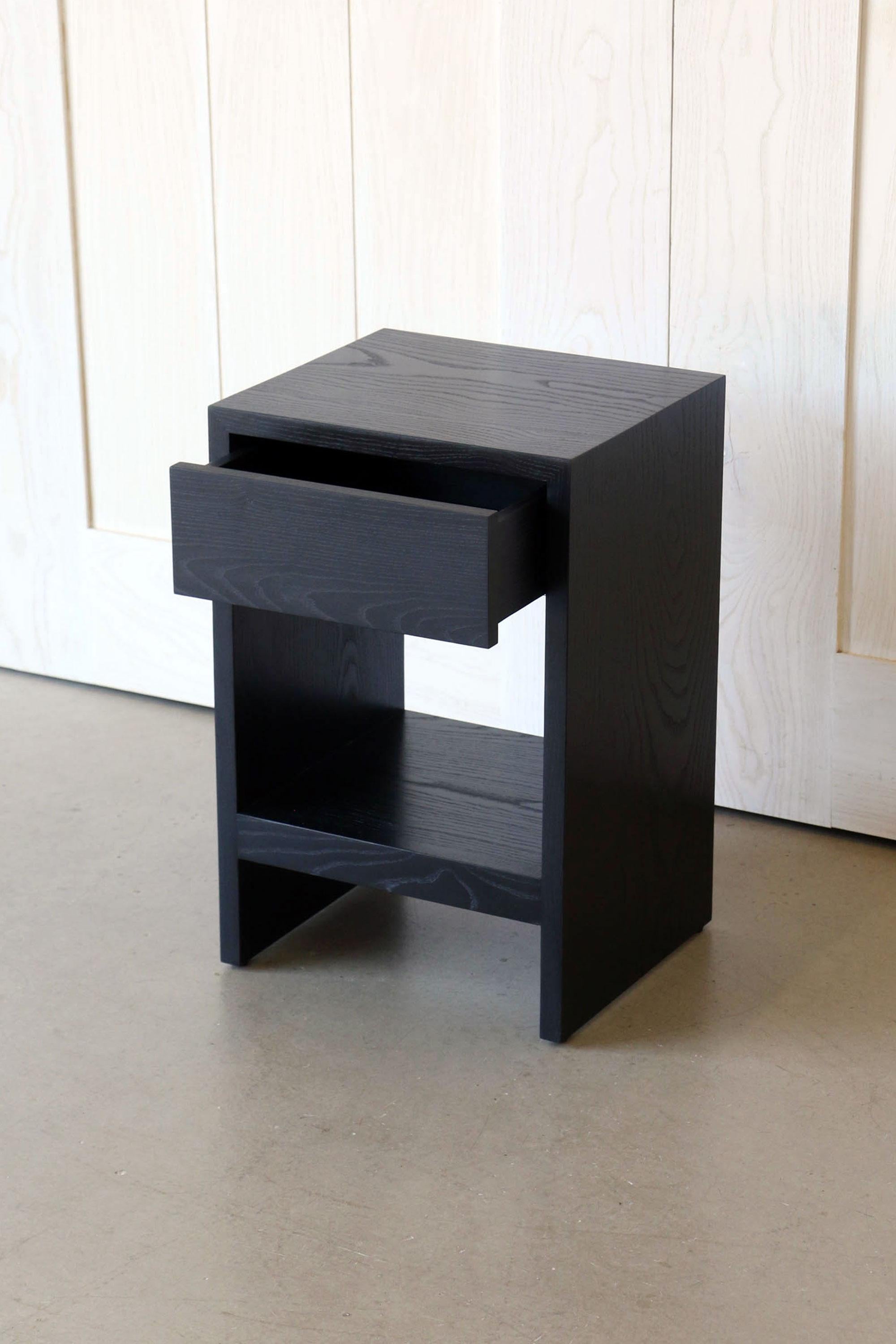 Blackened Slim Wooden Bedside Cabinet with Drawer and Shelf For Sale
