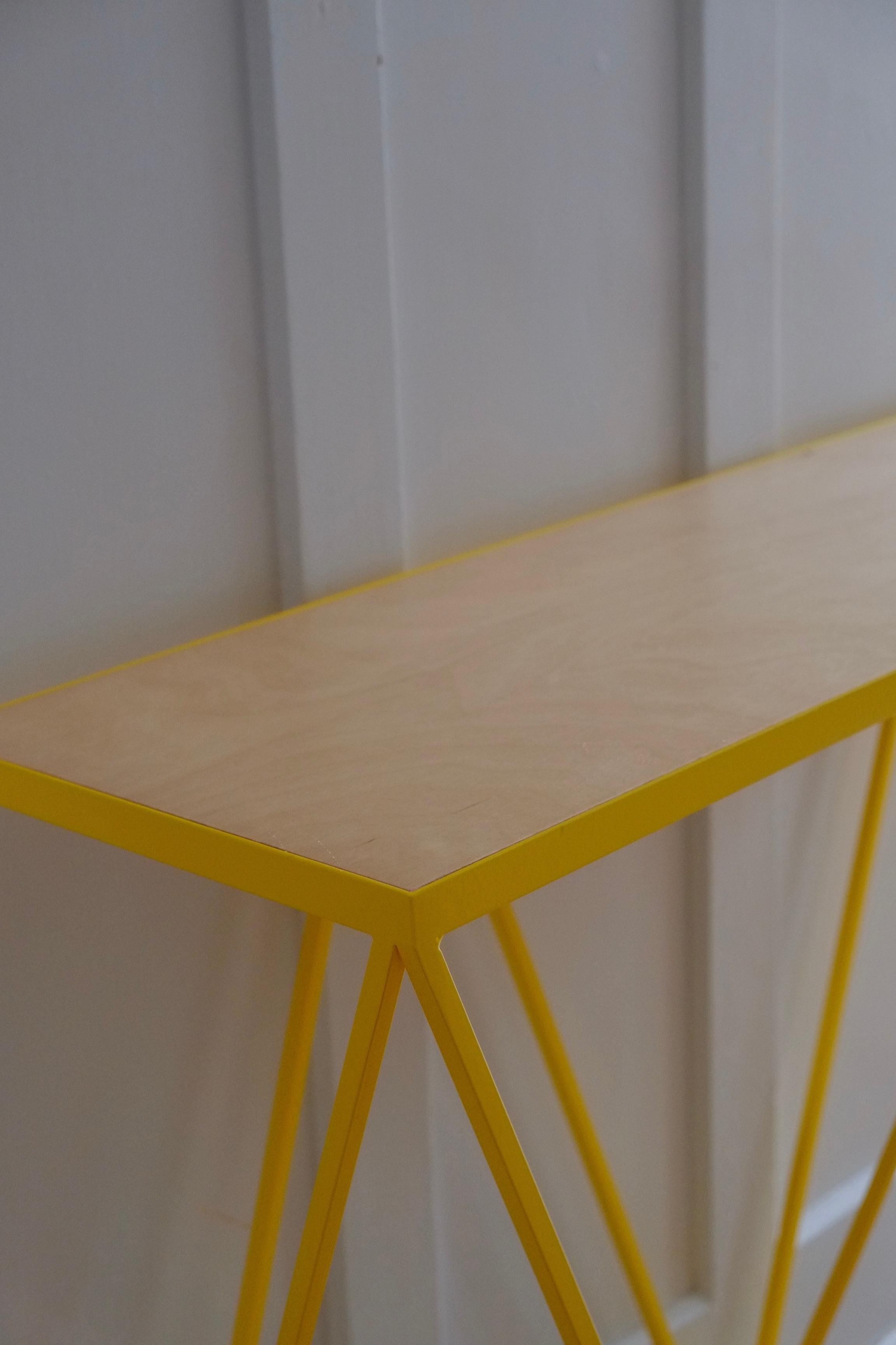 British Slim Yellow Steel Console Table with Wood Table Top / Customizable For Sale