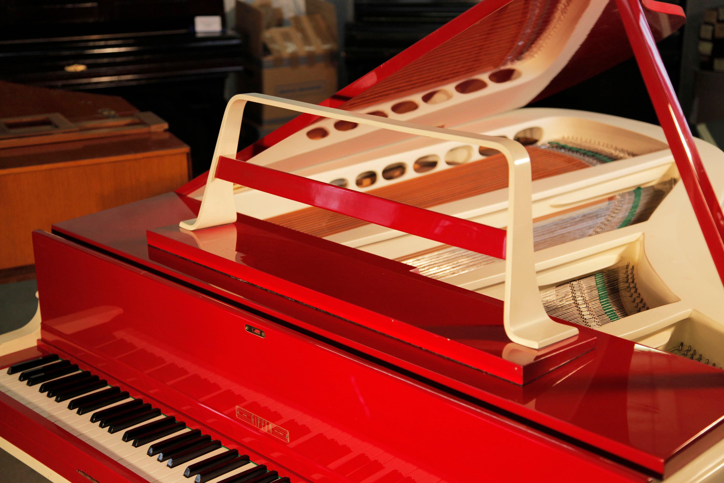 Dutch Slimline, 1950's, Rippen Grand Piano in Cherry Polyester with an Aluminium Case