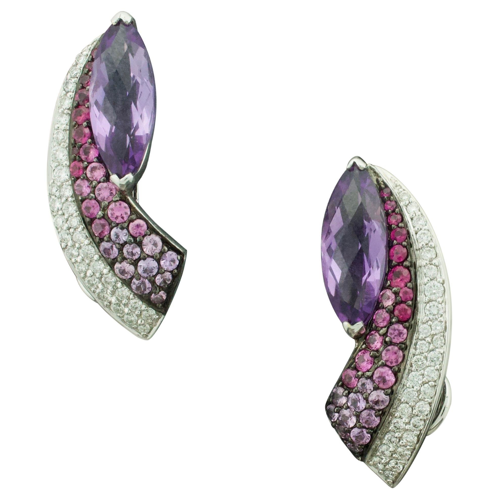 Slimming Amethyst Pink Sapphire and Diamond Earrings in 18 Karat