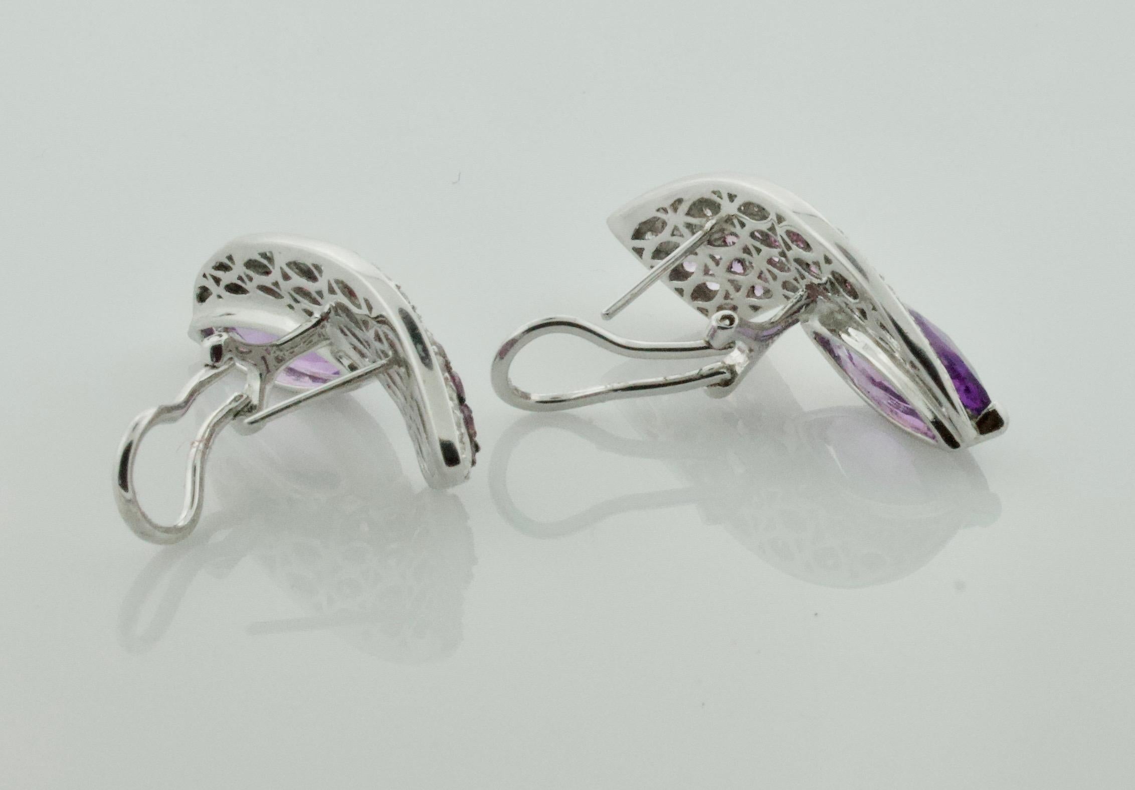 Modern Slimming Amethyst Pink Sapphire and Diamond Earrings in 18 Karat For Sale