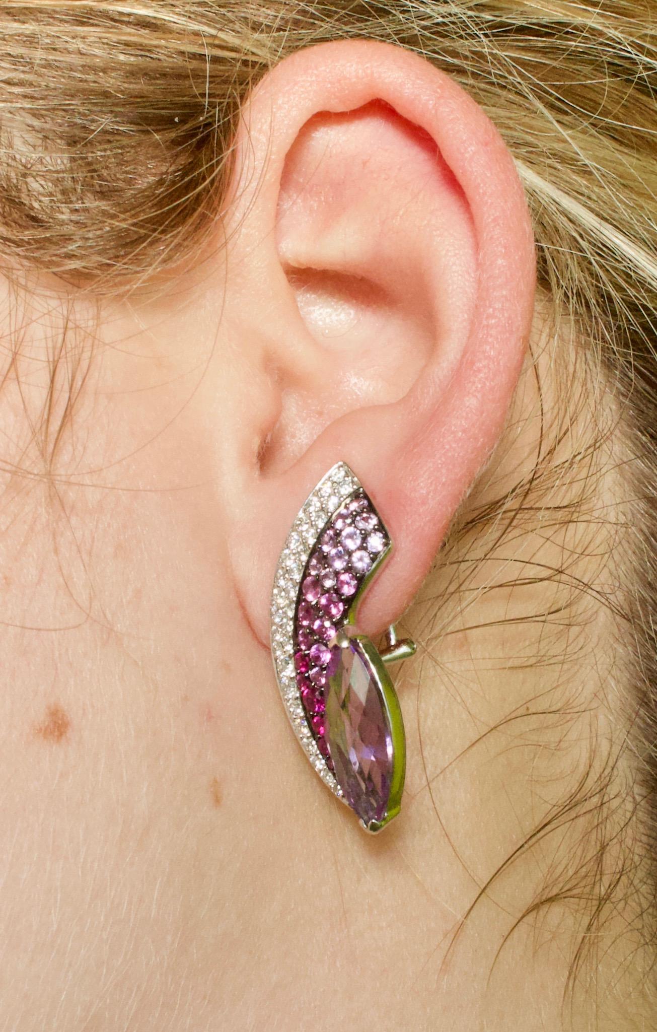 Slimming Amethyst Pink Sapphire and Diamond Earrings in 18 Karat In New Condition For Sale In Wailea, HI