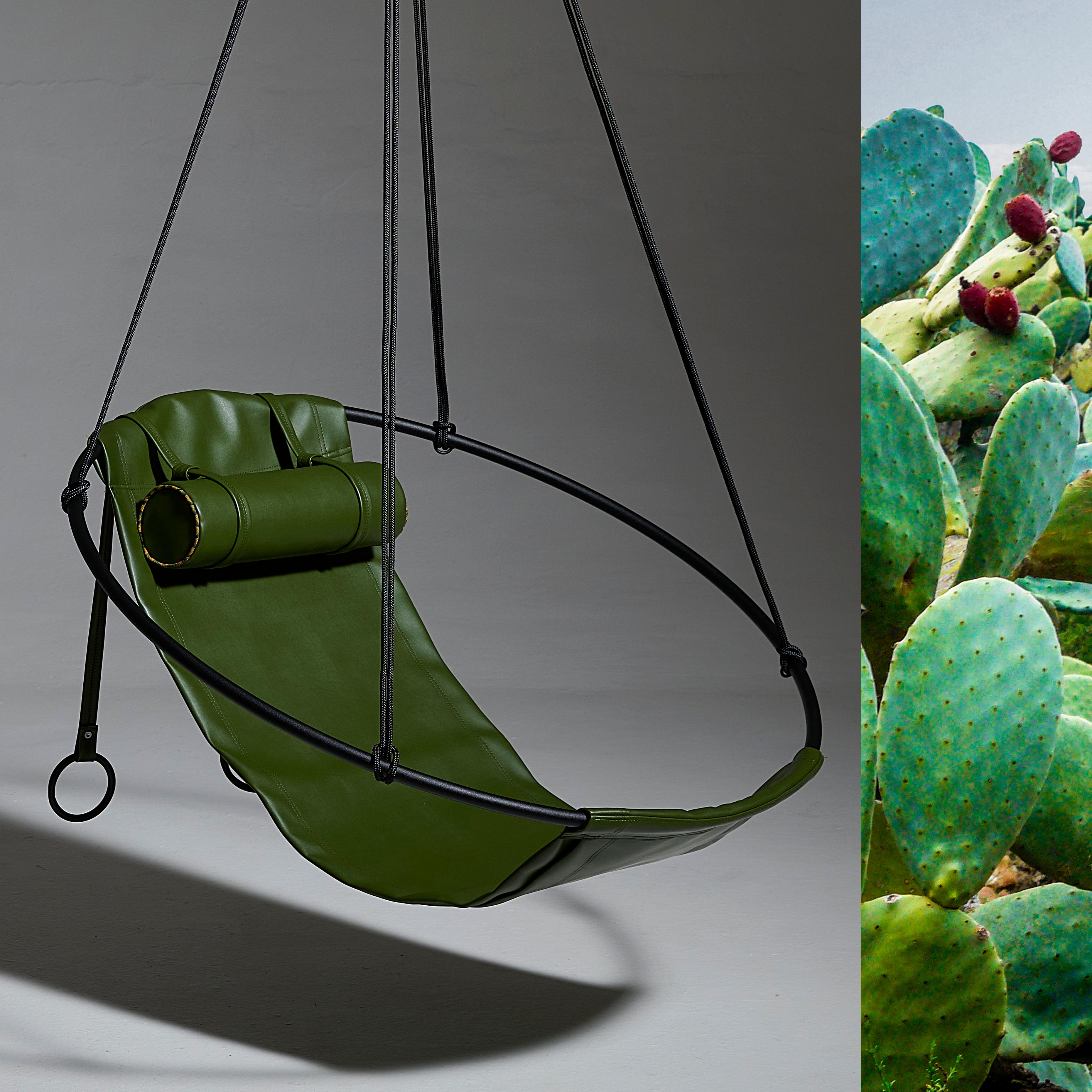 South African Sling Cactus Vegan Leather Hanging Swing Seat, Green For Sale