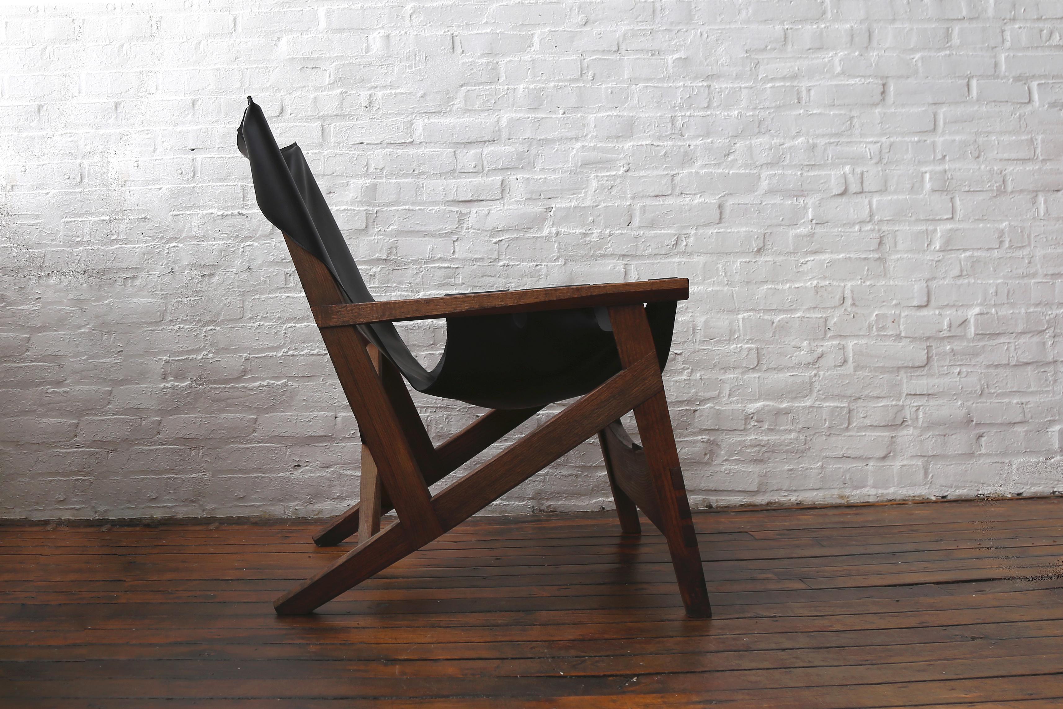 Contemporary Sling Chair by Fuugs in Blackened Oak and Cactus Leather For Sale