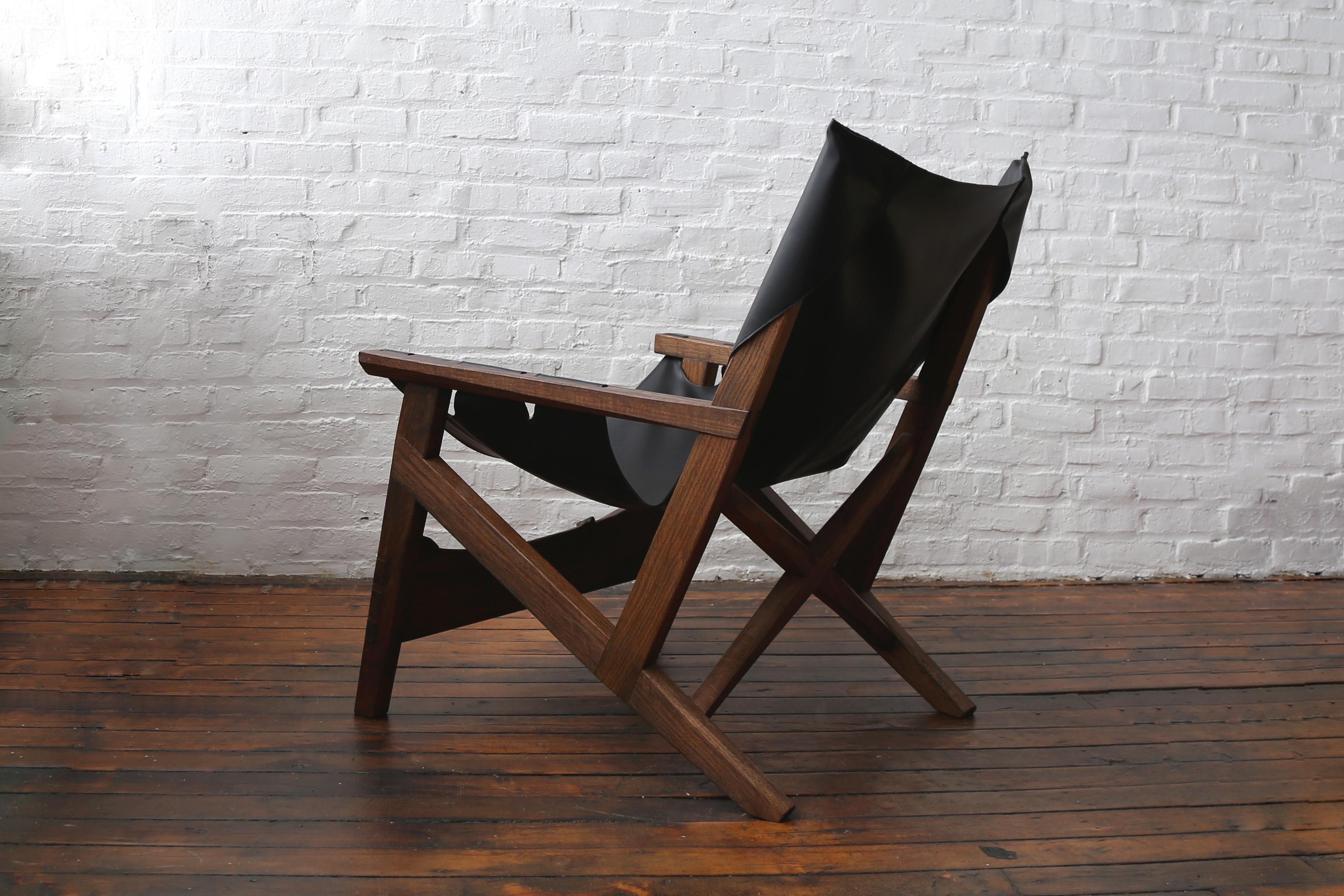 Sling Chair by Fuugs in Blackened Oak and Cactus Leather For Sale 1
