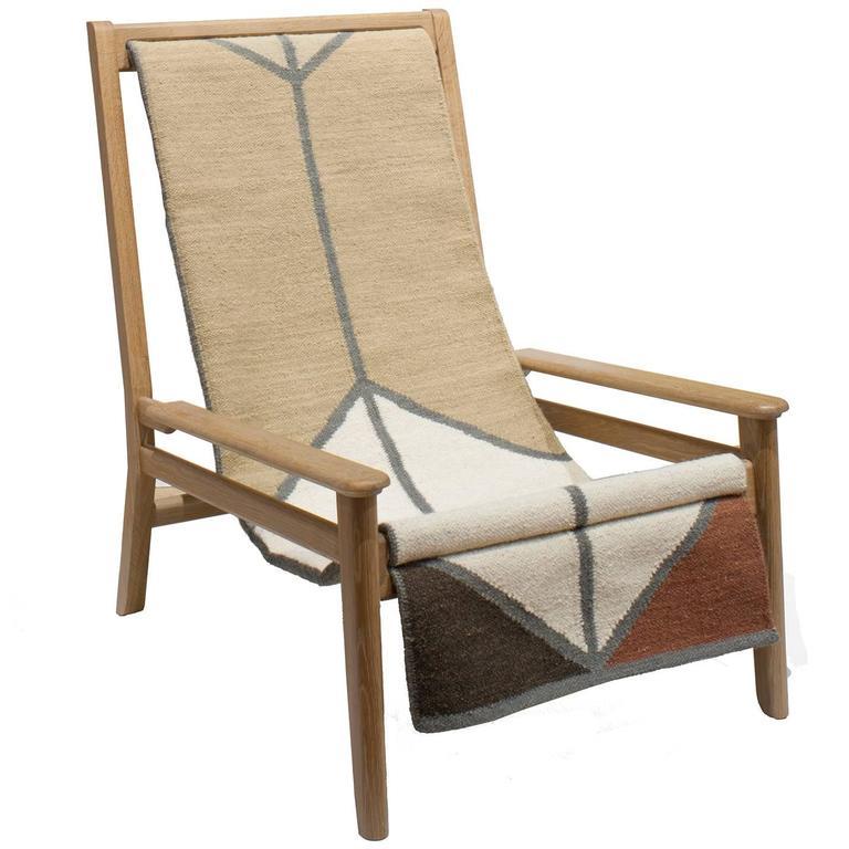 American Sling Chair / Lounge Chair in Cerused White Oak, Wool Sling with rust colorway
