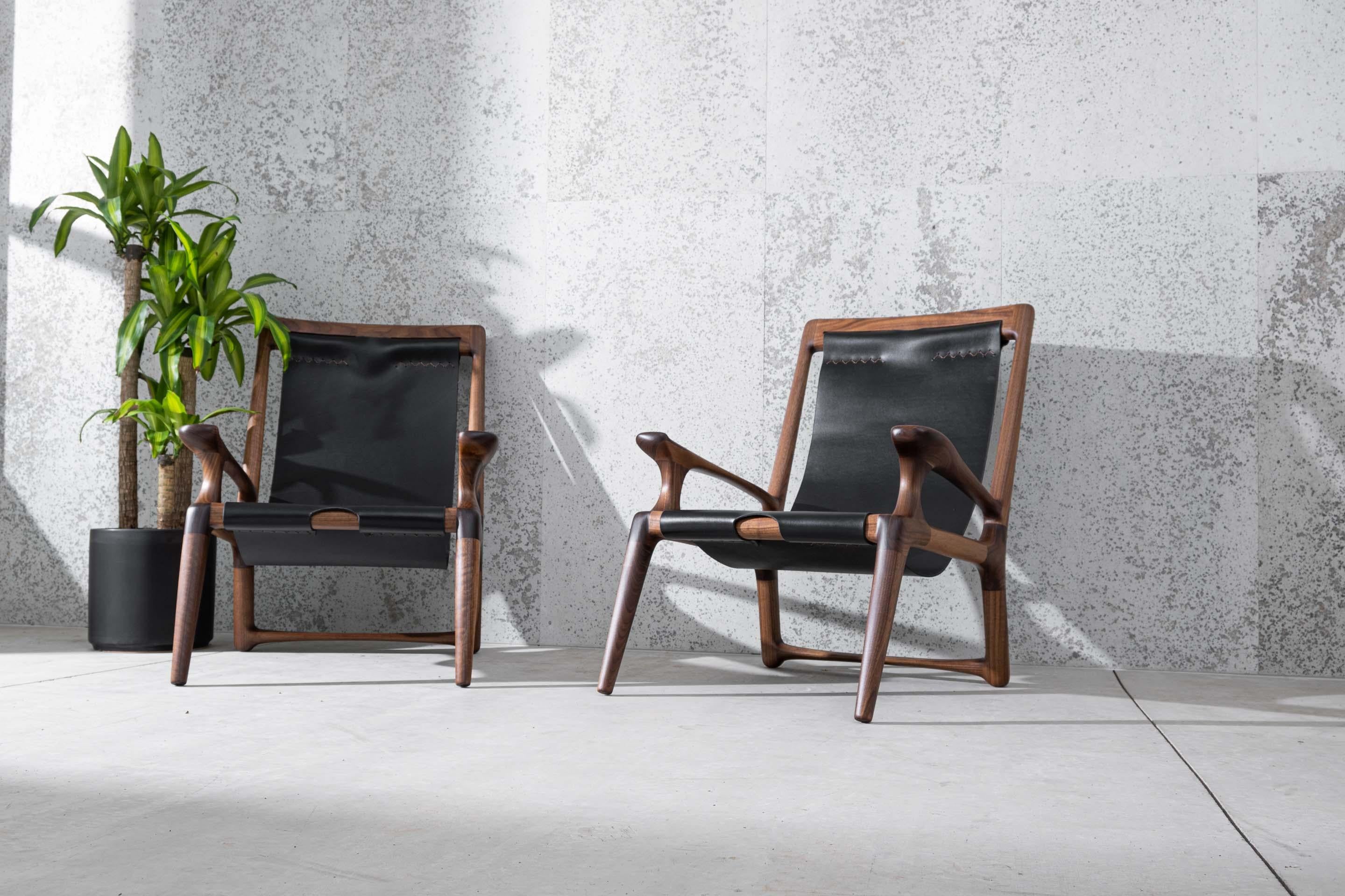 Sling Chair Mod2 aus Leder, Armlehnen verbunden, Loungesessel aus Nussbaumholz + Olivenleder im Angebot 7