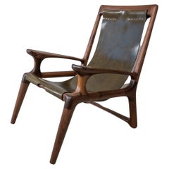Sling Chair Mod2 Leather, Arms Connected, Lounge Armchair Walnut + Olive Leather