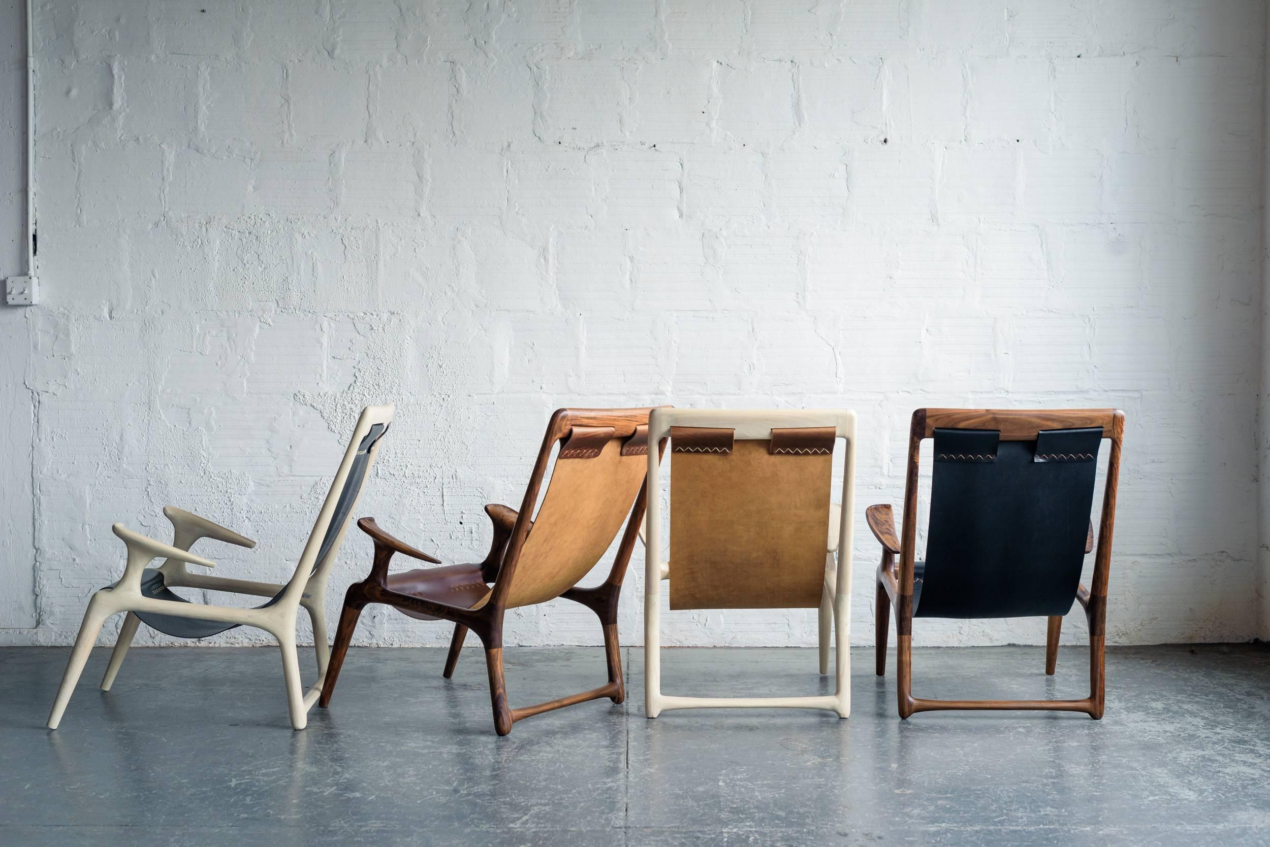 Contemporary Sling Chair with Leather, Handmade Lounge Armchair Walnut + Black Leather For Sale