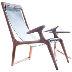 Sling Chair with Leather, Handmade Lounge Armchair Walnut + Black Leather