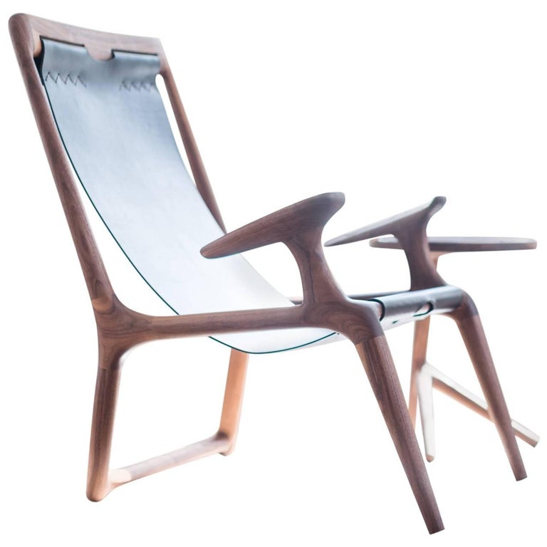 Sling Chair, Walnut and Black Leather, Lounge and Accent Chair For Sale