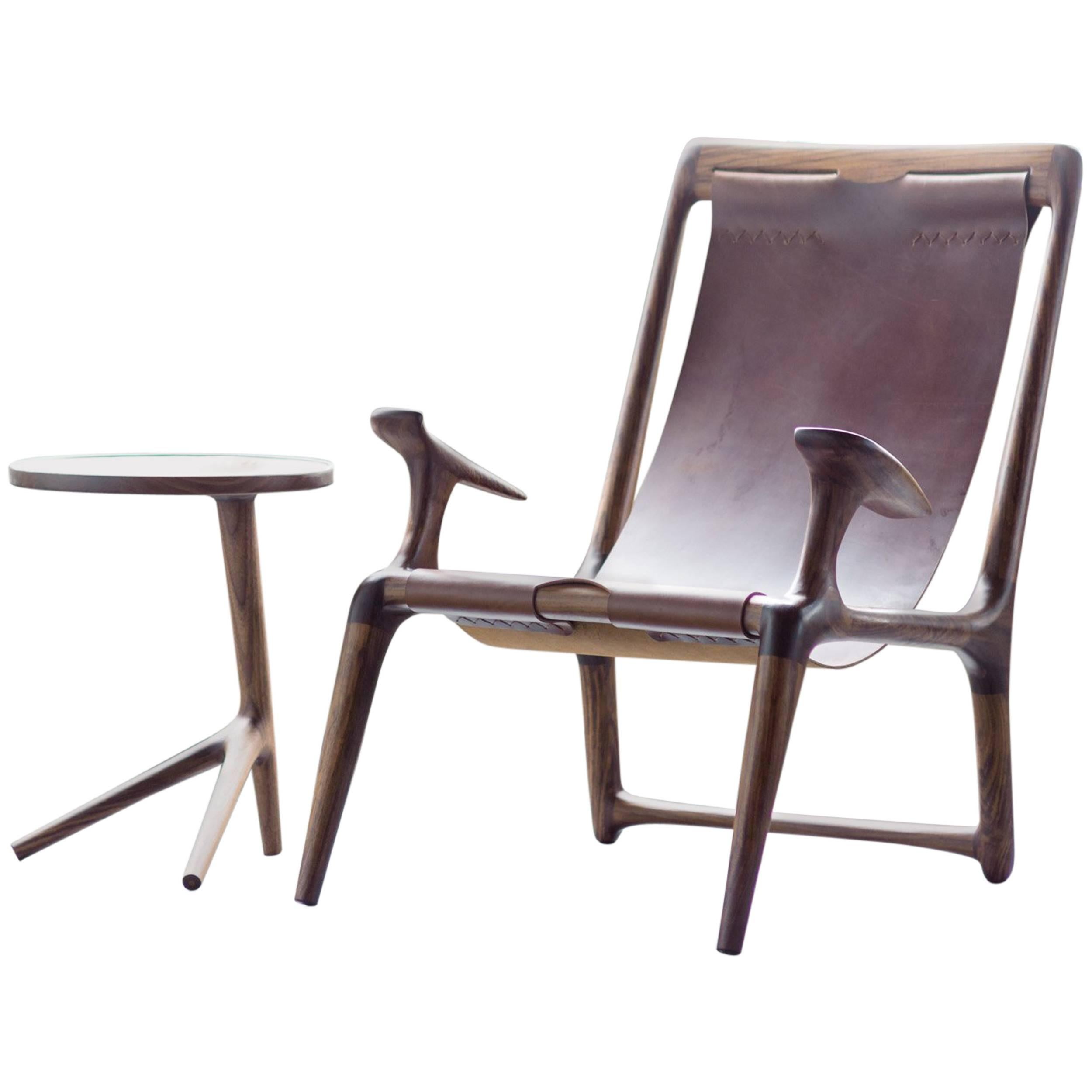 Lounge and Accent Sling Chair, Walnut and Brown Leather by Fernweh Woodworking