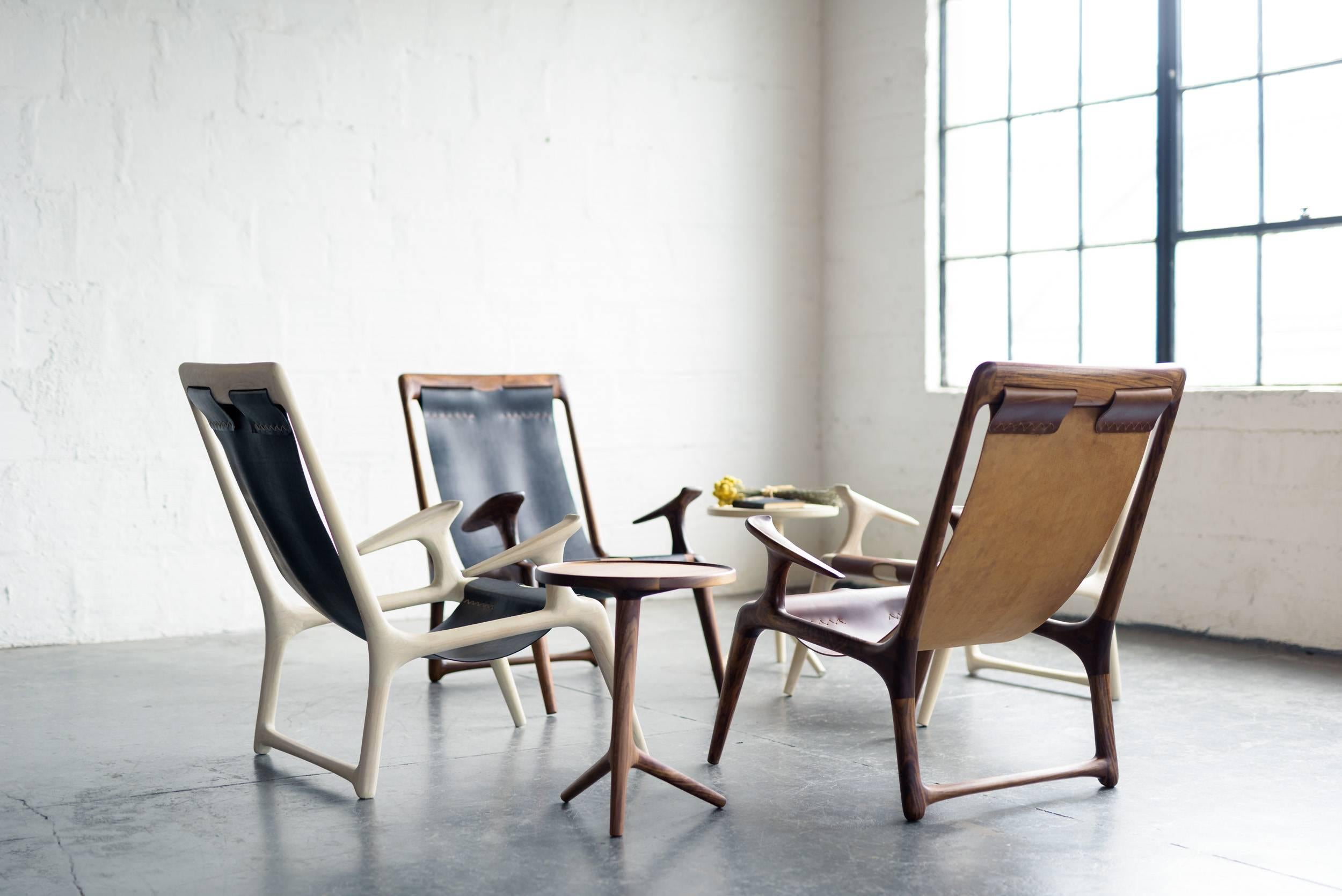 Hand-Carved Sling Armchair made from White Ash and Brown Leather - Fernweh Woodworking For Sale