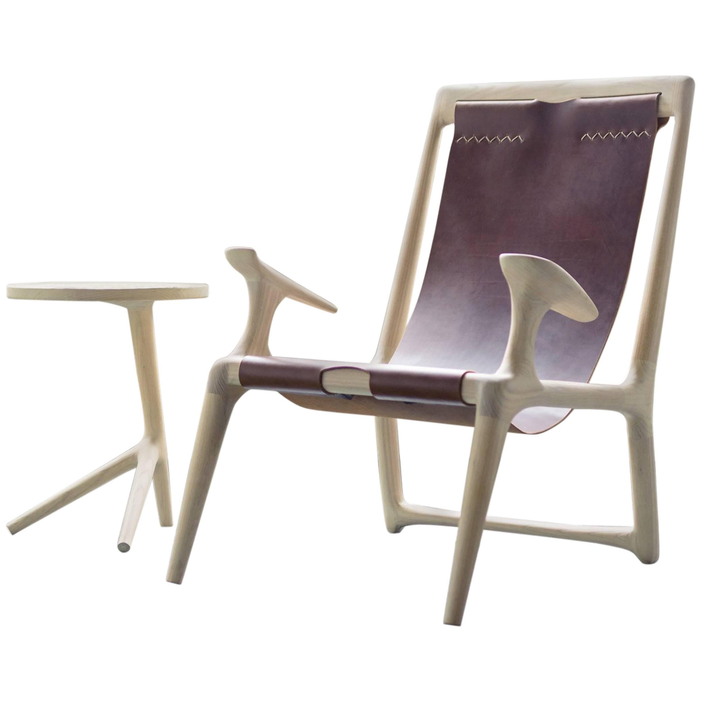 Sling Armchair made from White Ash and Brown Leather - Fernweh Woodworking For Sale