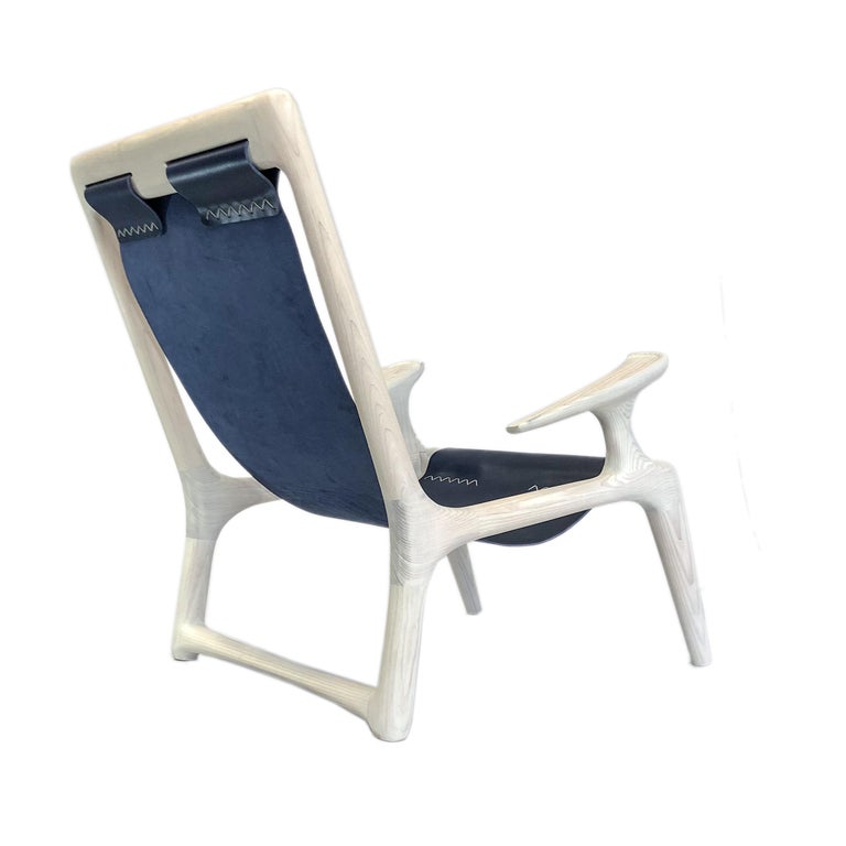 Handmade Sling Arm Chair in White Ash + Navy Leather, by Fernweh Woodworking 1