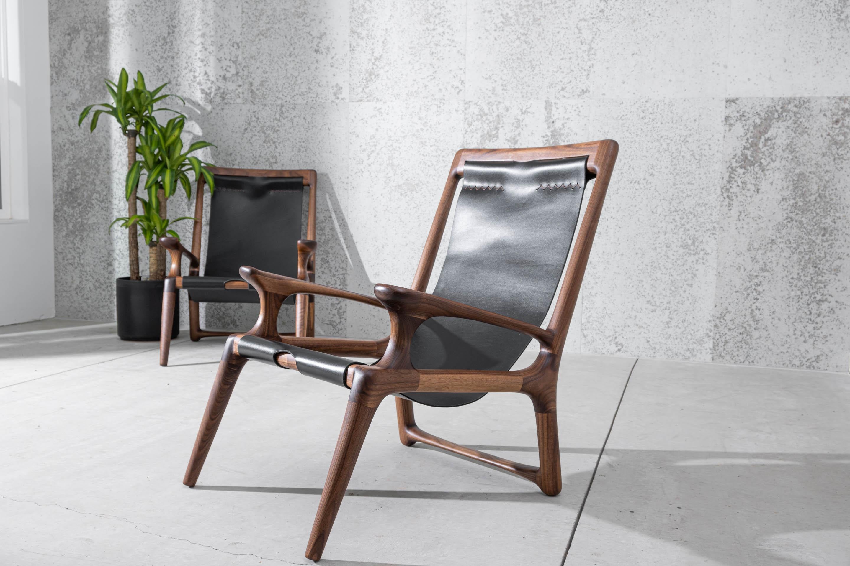 Contemporary Sling Chair with Leather, Arms Connected, Lounge Armchair Walnut + Black Leather For Sale