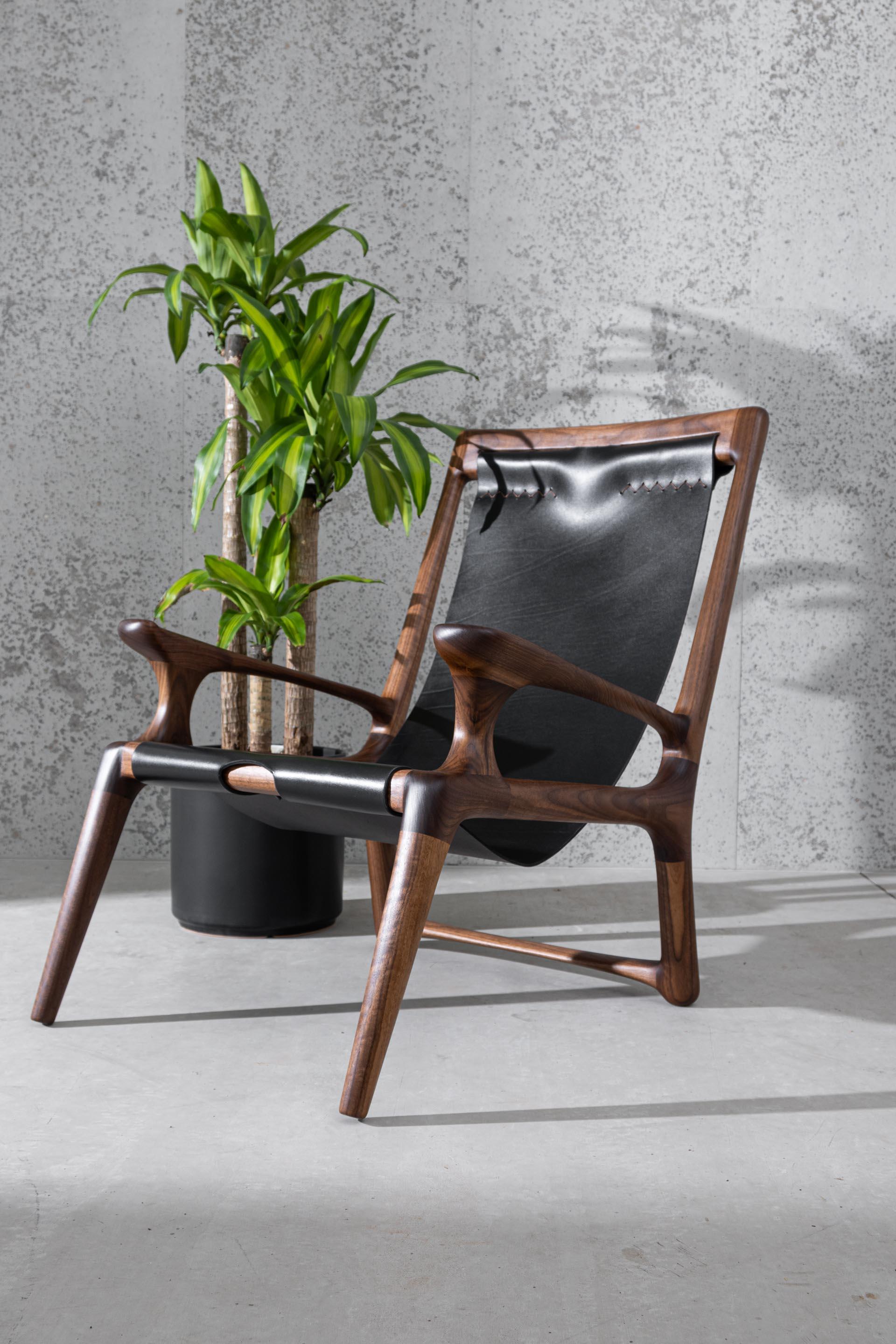 Sling Chair with Leather, Arms Connected, Lounge Armchair Walnut + Black Leather For Sale 1