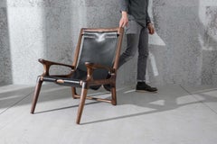 Sling Chair with Leather, Arms Connected, Lounge Armchair Walnut + Black Leather