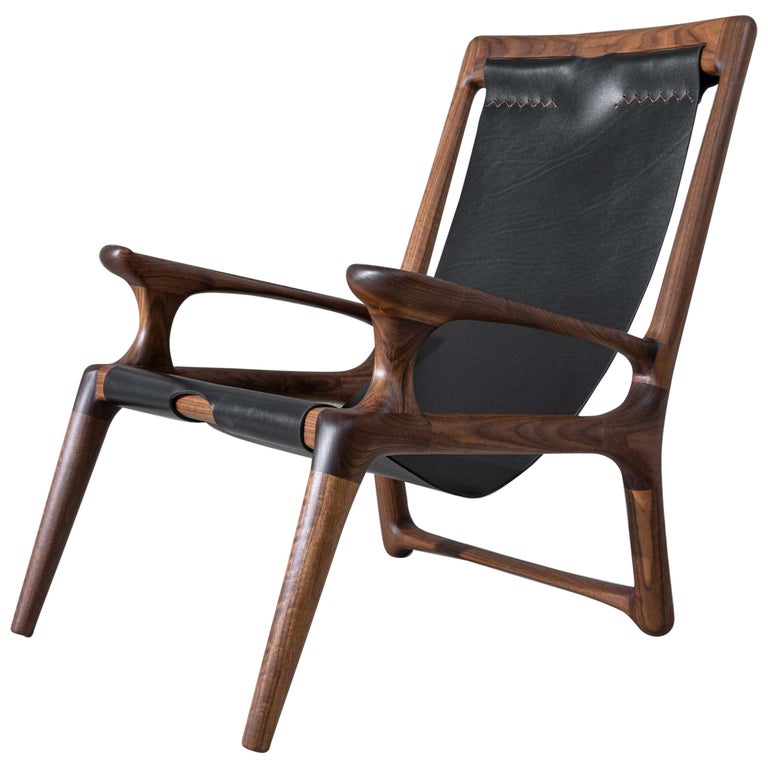Sling Chair with Leather, Arms Connected, Lounge Armchair Walnut