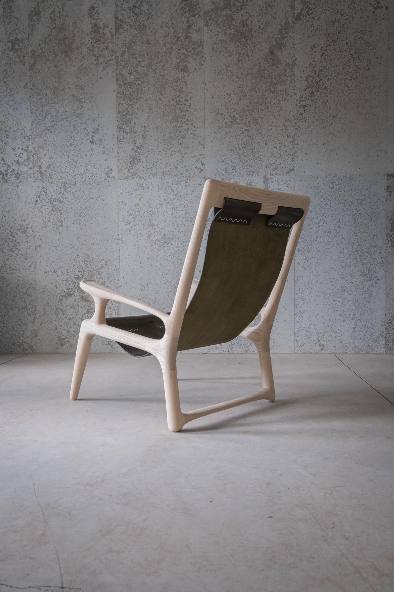Scandinavian Modern Sling Chair with Leather, Arms Connected, Lounge Chair White Ash + Olive Leather For Sale