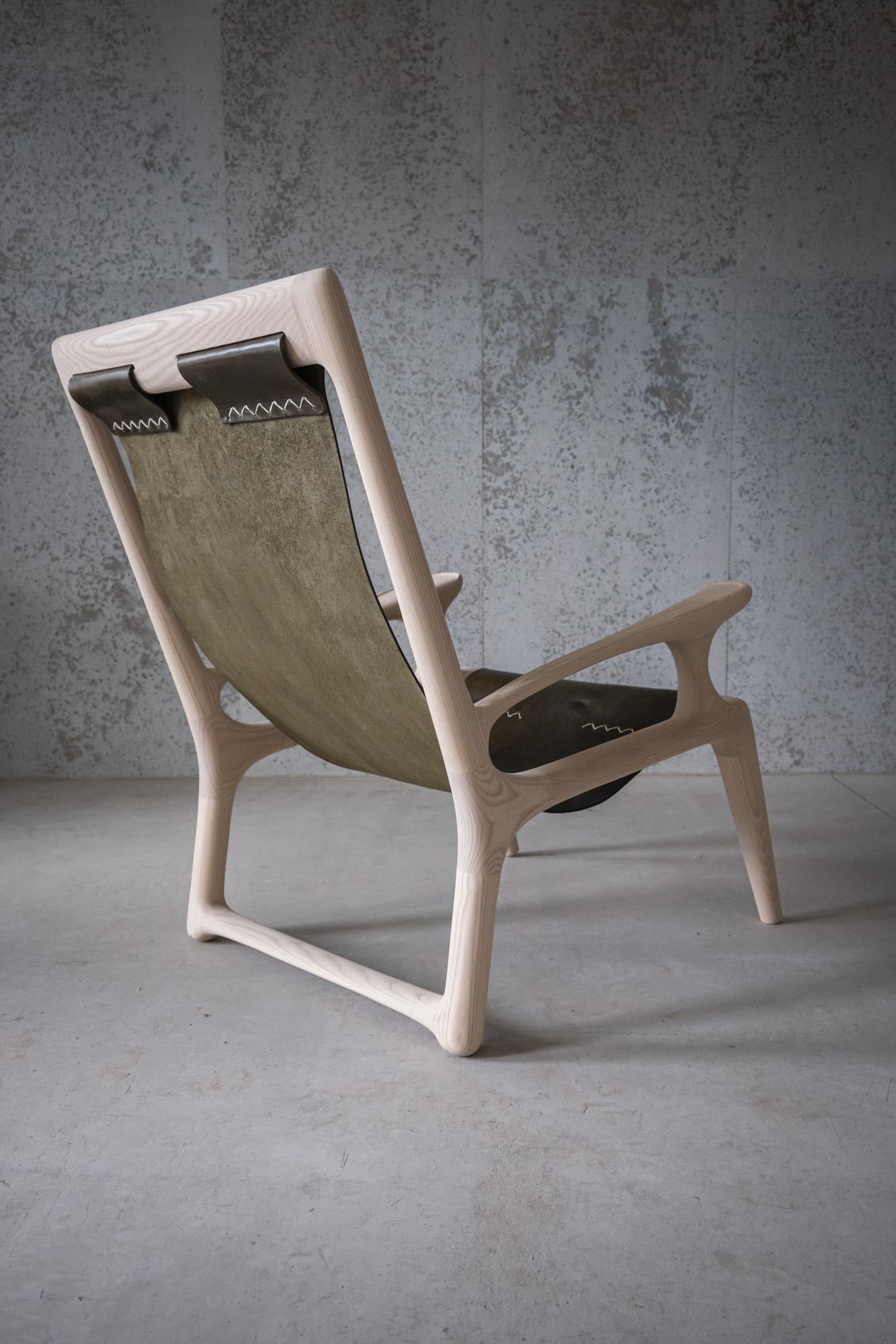 Hand-Carved Sling Chair with Leather, Arms Connected, Lounge Chair White Ash + Olive Leather For Sale