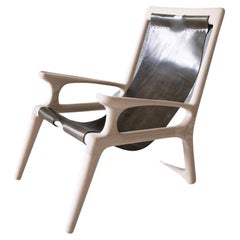 Sling Chair with Leather, Arms Connected, Lounge Chair White Ash + Olive Leather
