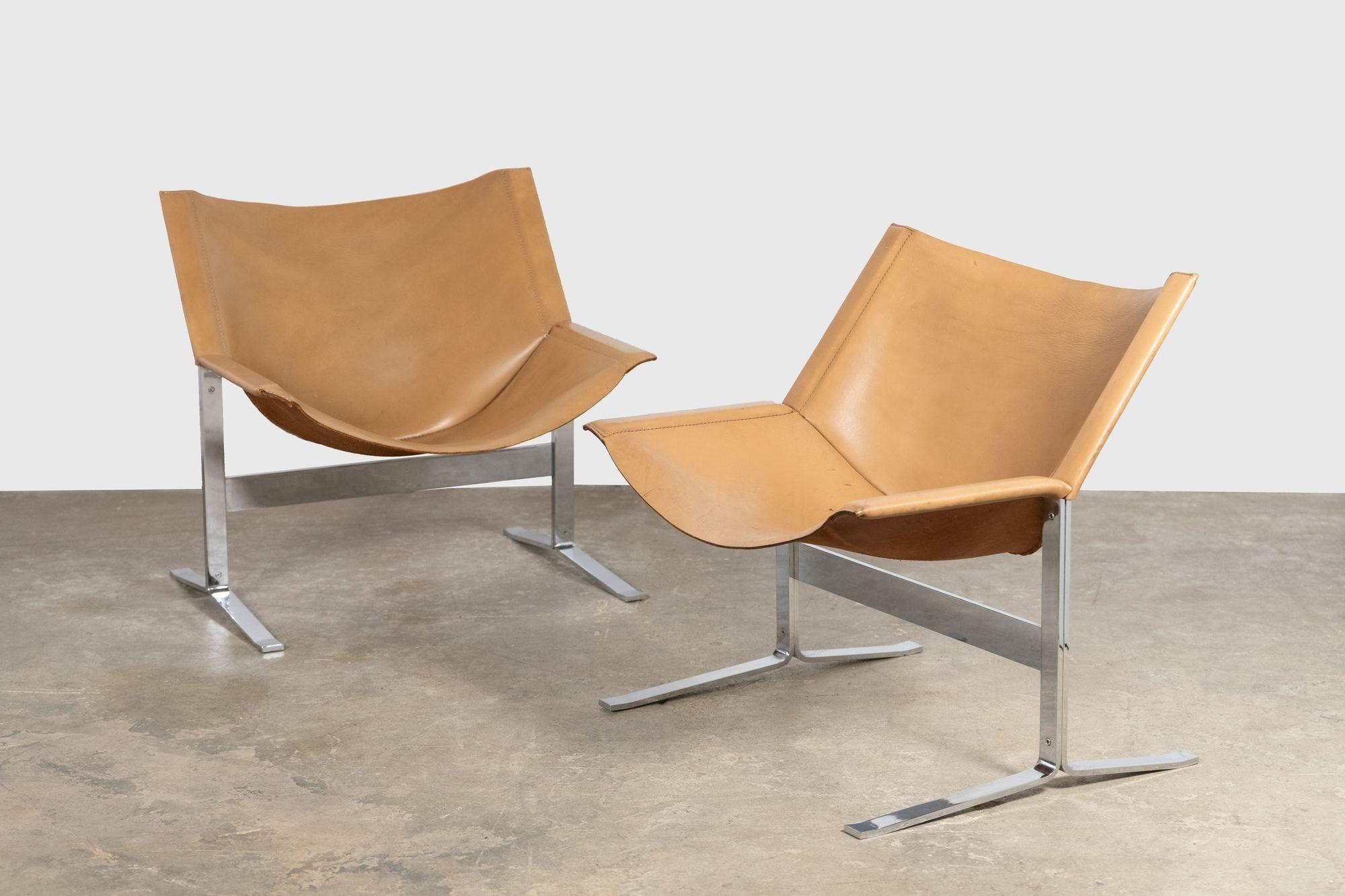 Pair of sling chairs model 248 designed by sculptor Clement Meadmore, 1963 for Leif Wessman Associates, New York. Constructed of leather and steel. Sold through the Stendig Showroom in Texas.