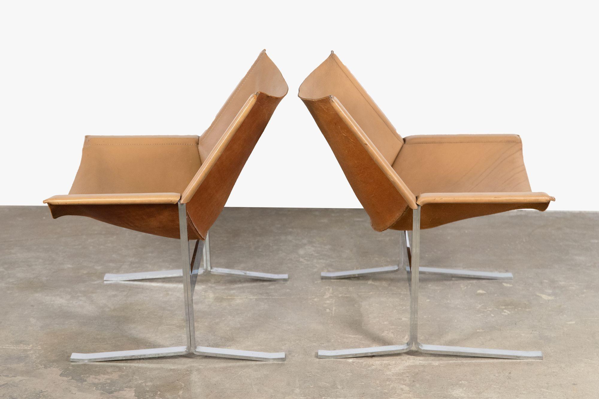 Mid-Century Modern Sling Chairs by Sculptor Clement Meadmore in Cognac Leather and Steel 1960s