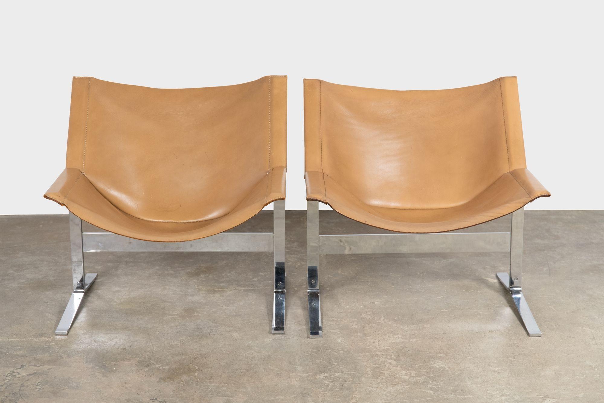 North American Sling Chairs by Sculptor Clement Meadmore in Cognac Leather and Steel 1960s