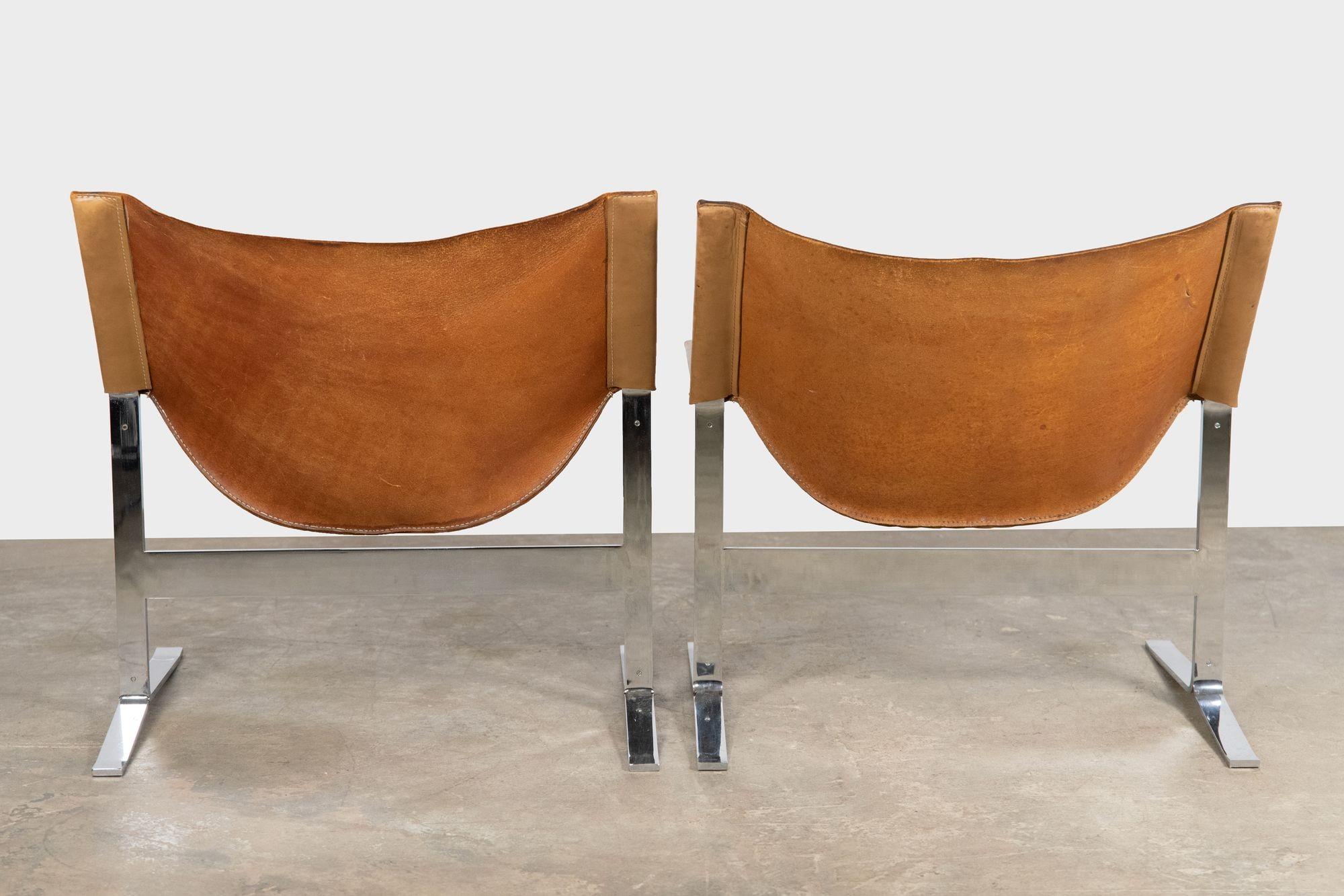 Sling Chairs by Sculptor Clement Meadmore in Cognac Leather and Steel 1960s In Good Condition In Dallas, TX