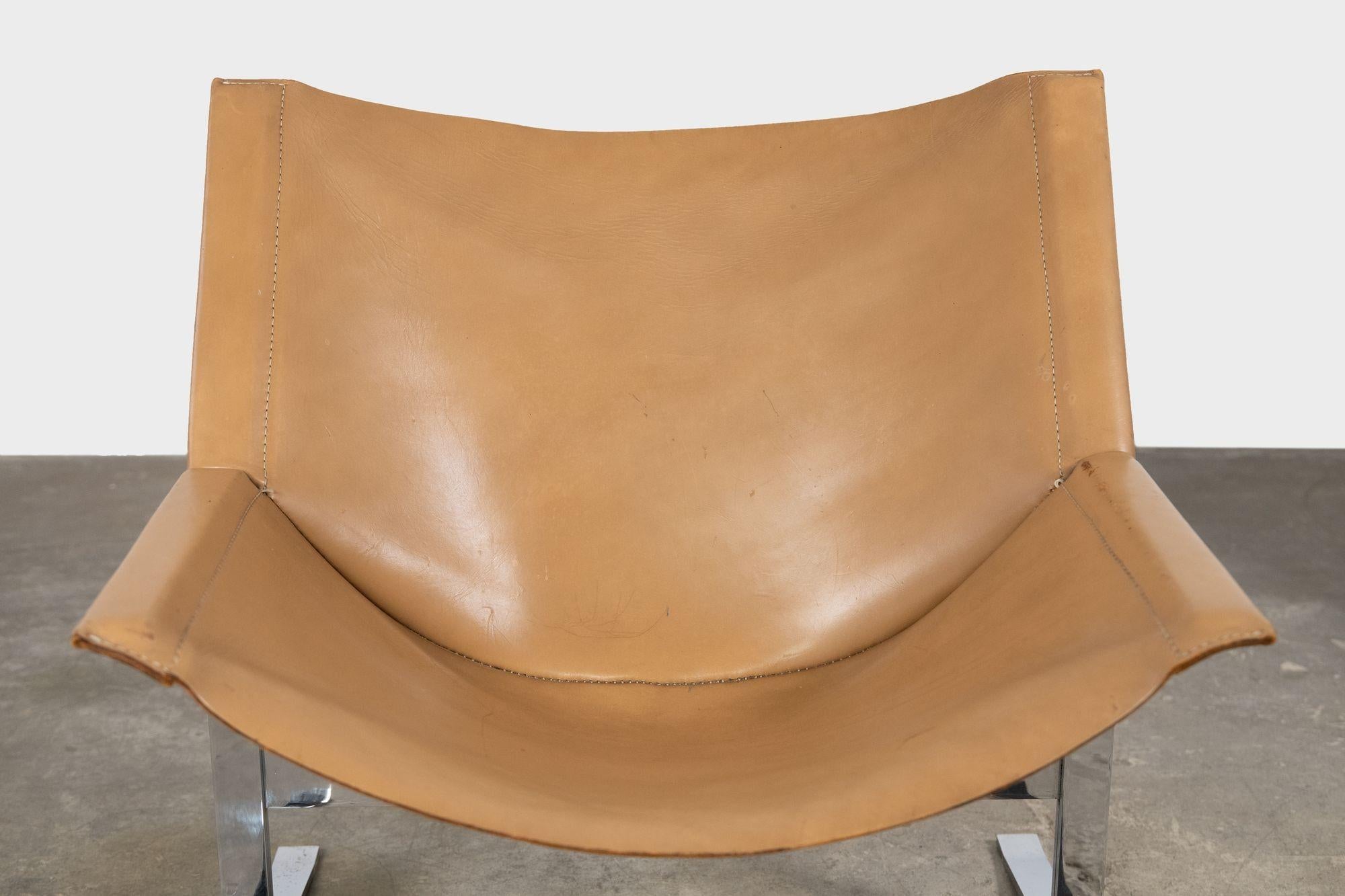20th Century Sling Chairs by Sculptor Clement Meadmore in Cognac Leather and Steel 1960s