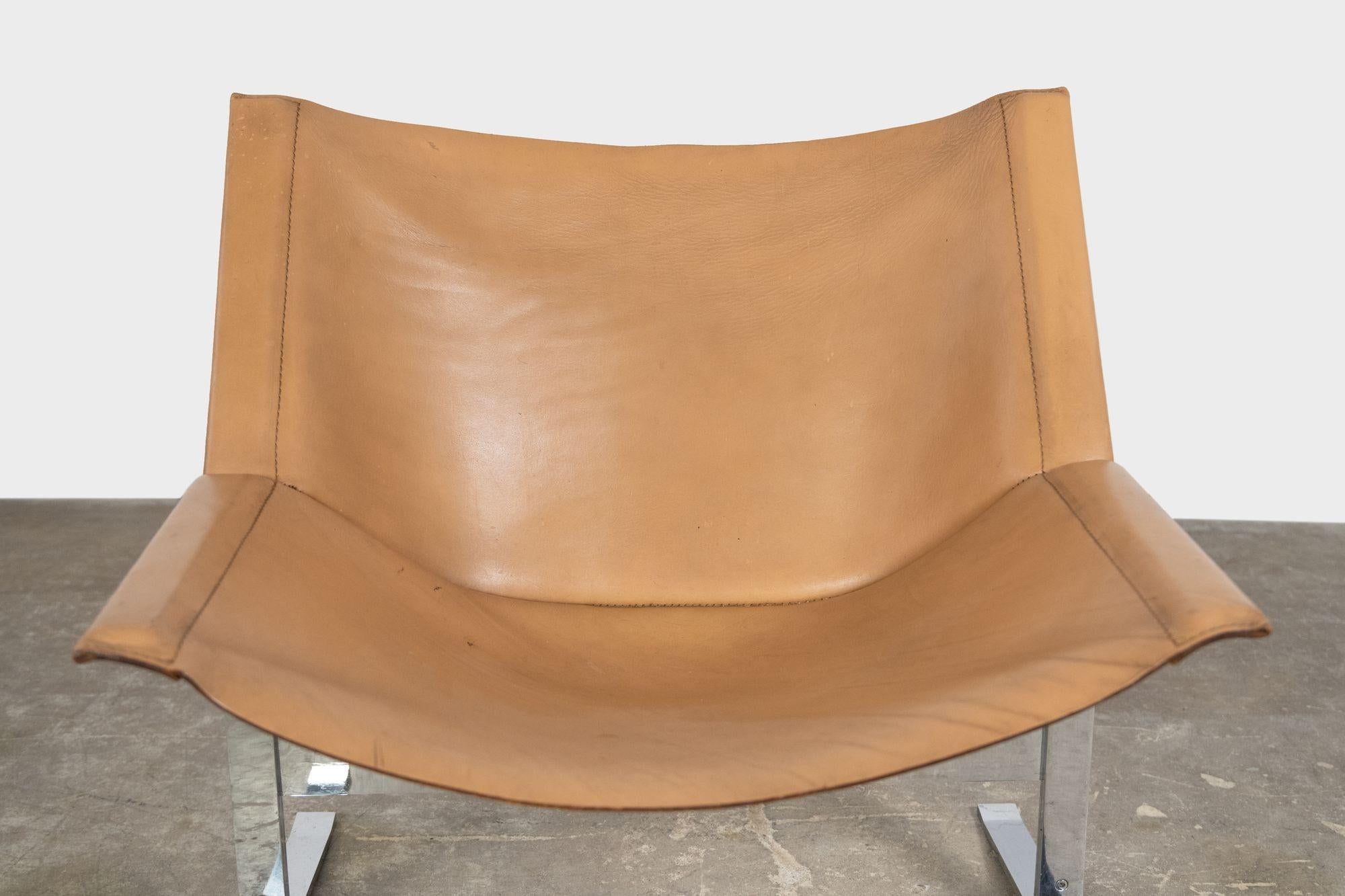Sling Chairs by Sculptor Clement Meadmore in Cognac Leather and Steel 1960s 1