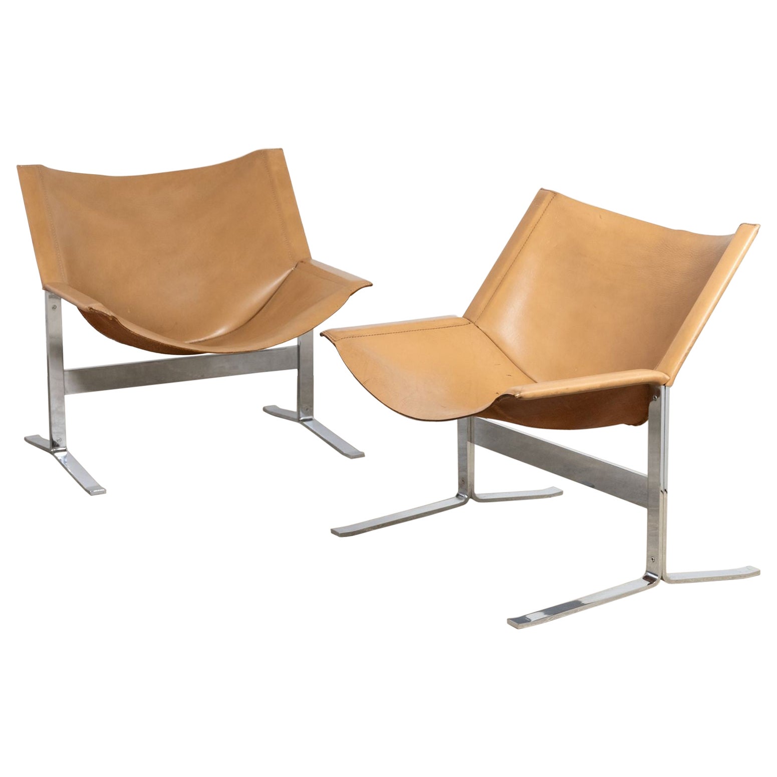 Sling Chairs by Sculptor Clement Meadmore in Cognac Leather and Steel 1960s