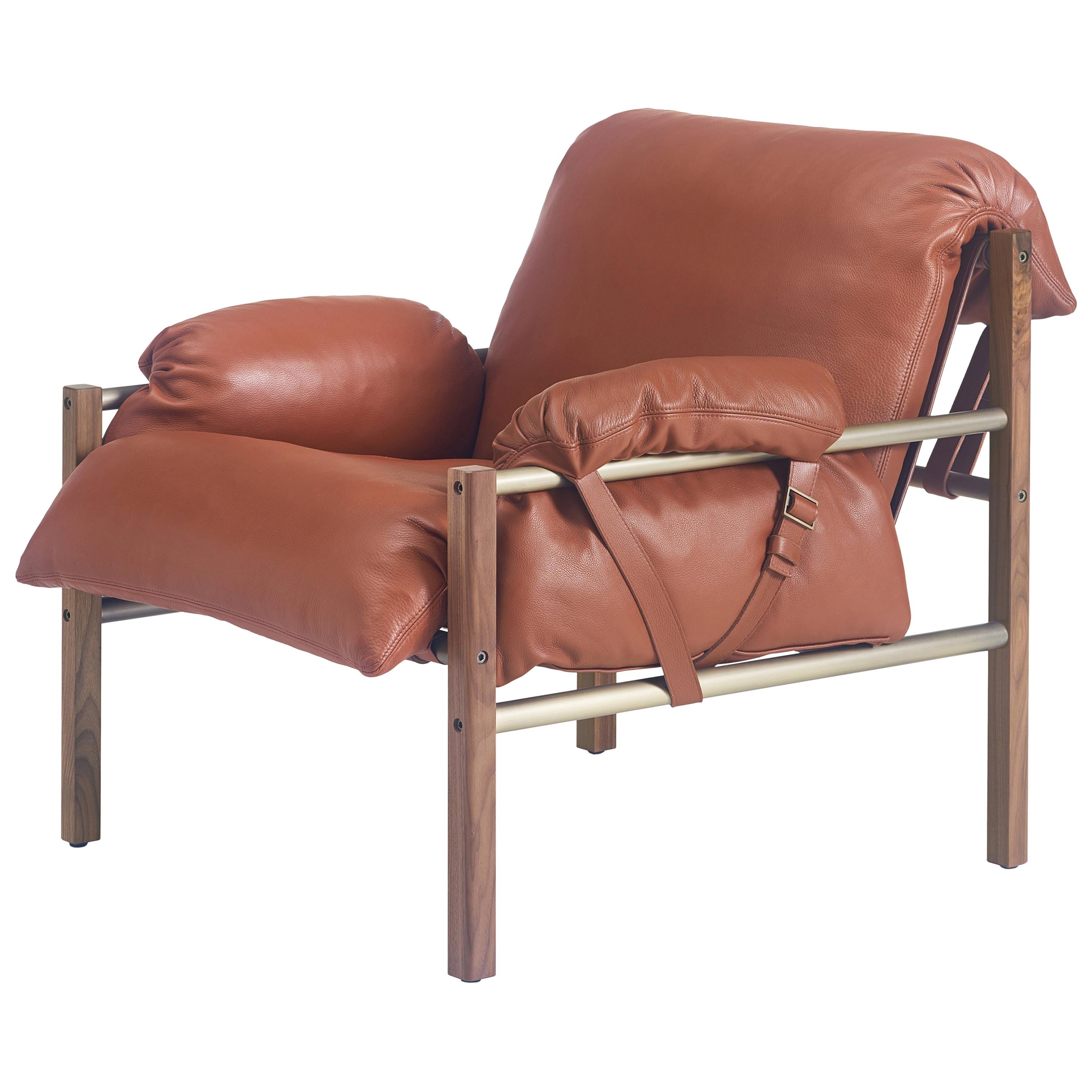 Sling Club Chair in Solid Walnut, Bronze and Leather Designed by Craig Bassam