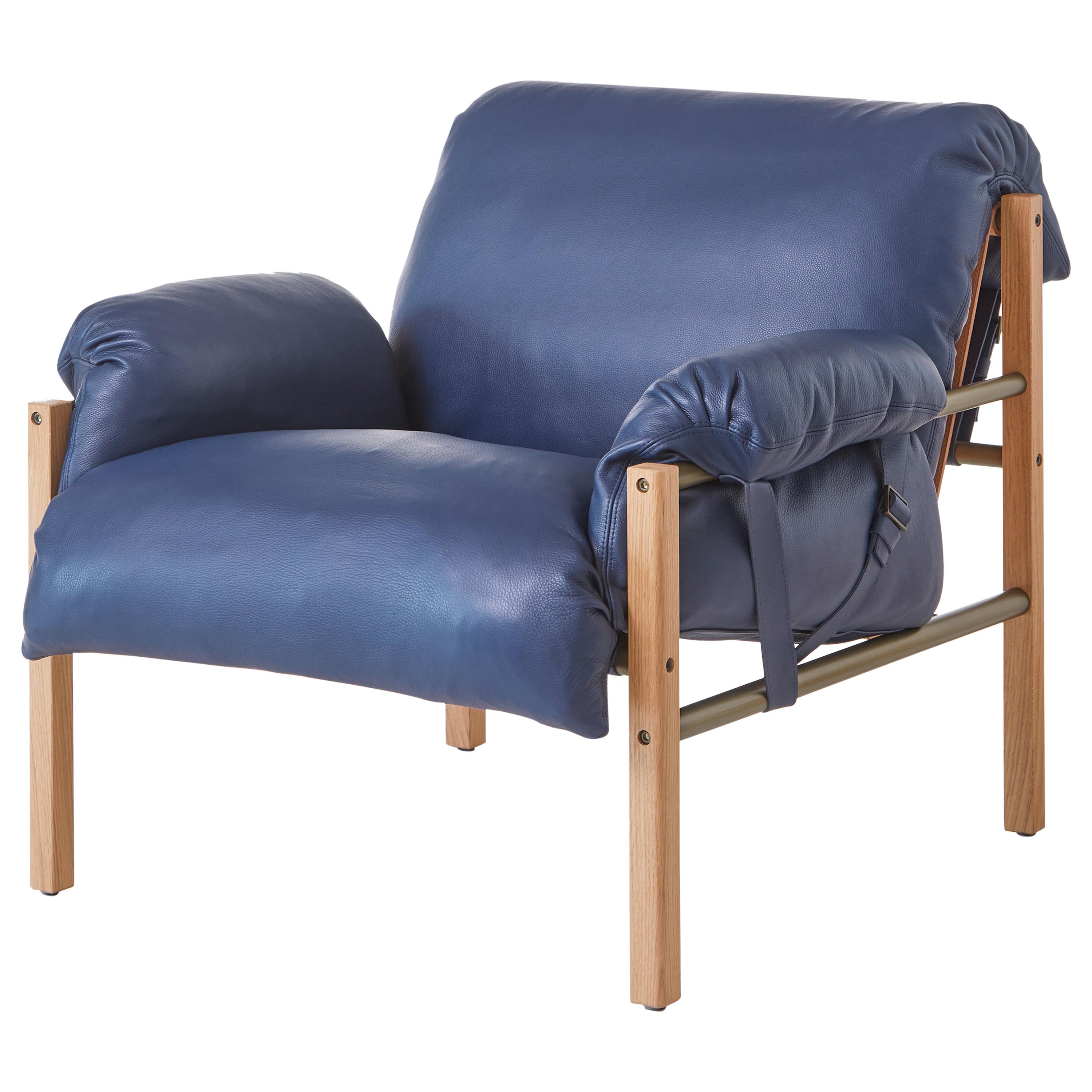 For Sale: Blue (Comfort 97054 Navy) Sling Club Chair in Solid White Oak, Bronze and Leather Designed by Craig Bassam