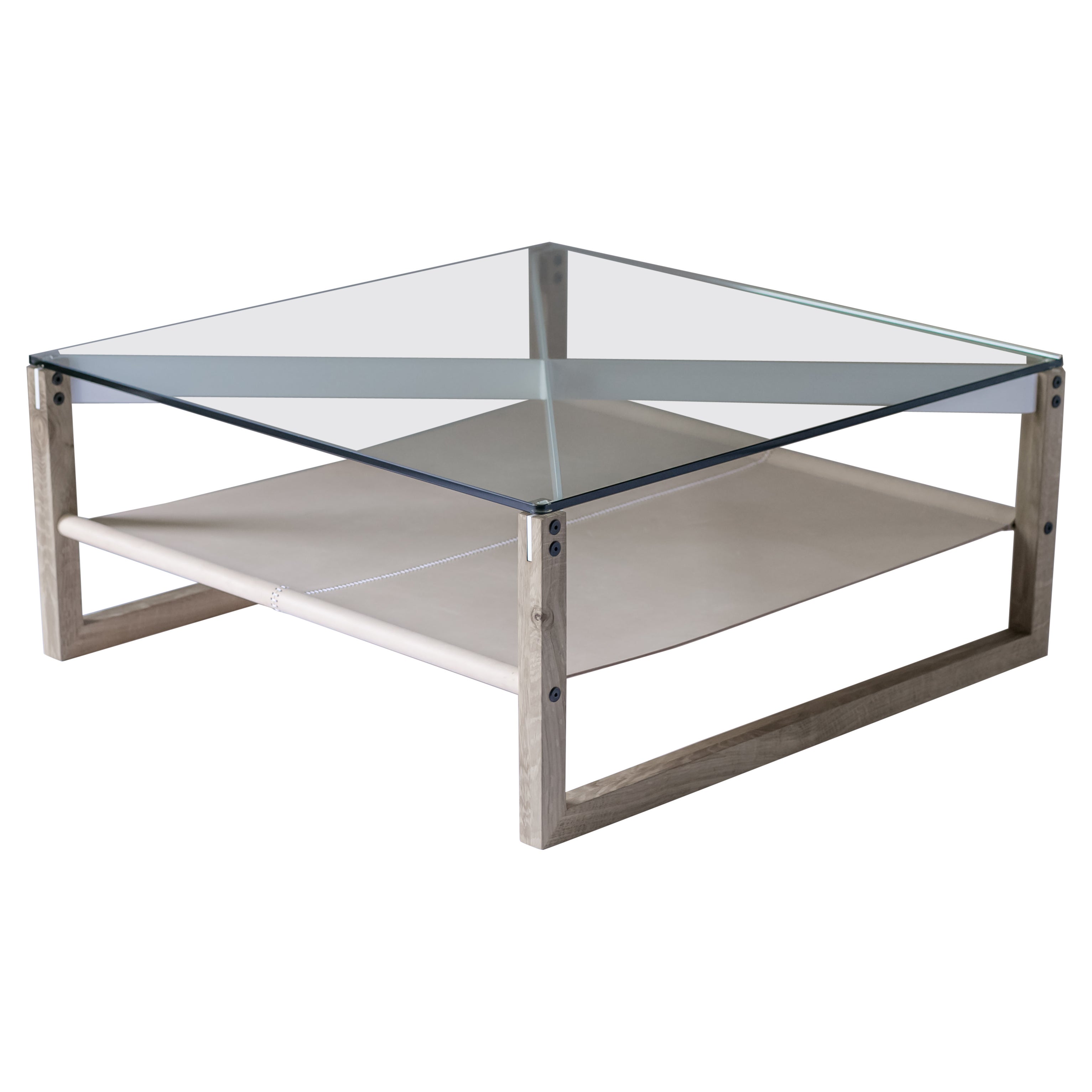 Tavolino Sling - Oak Oak bianco, pelle e vetro con alluminio rivestito a polvere F