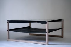 Sling Coffee Table by Harkavy Furniture: White Oak, Black Leather & Glass