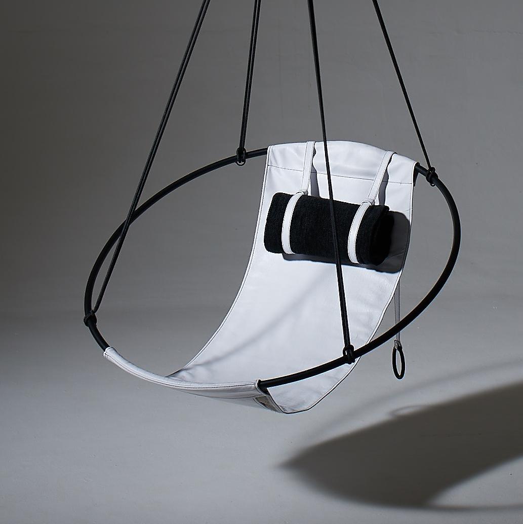 Hand-Crafted Sling Hanging Swing Chair Genuine Black Leather 21st Century Modern For Sale