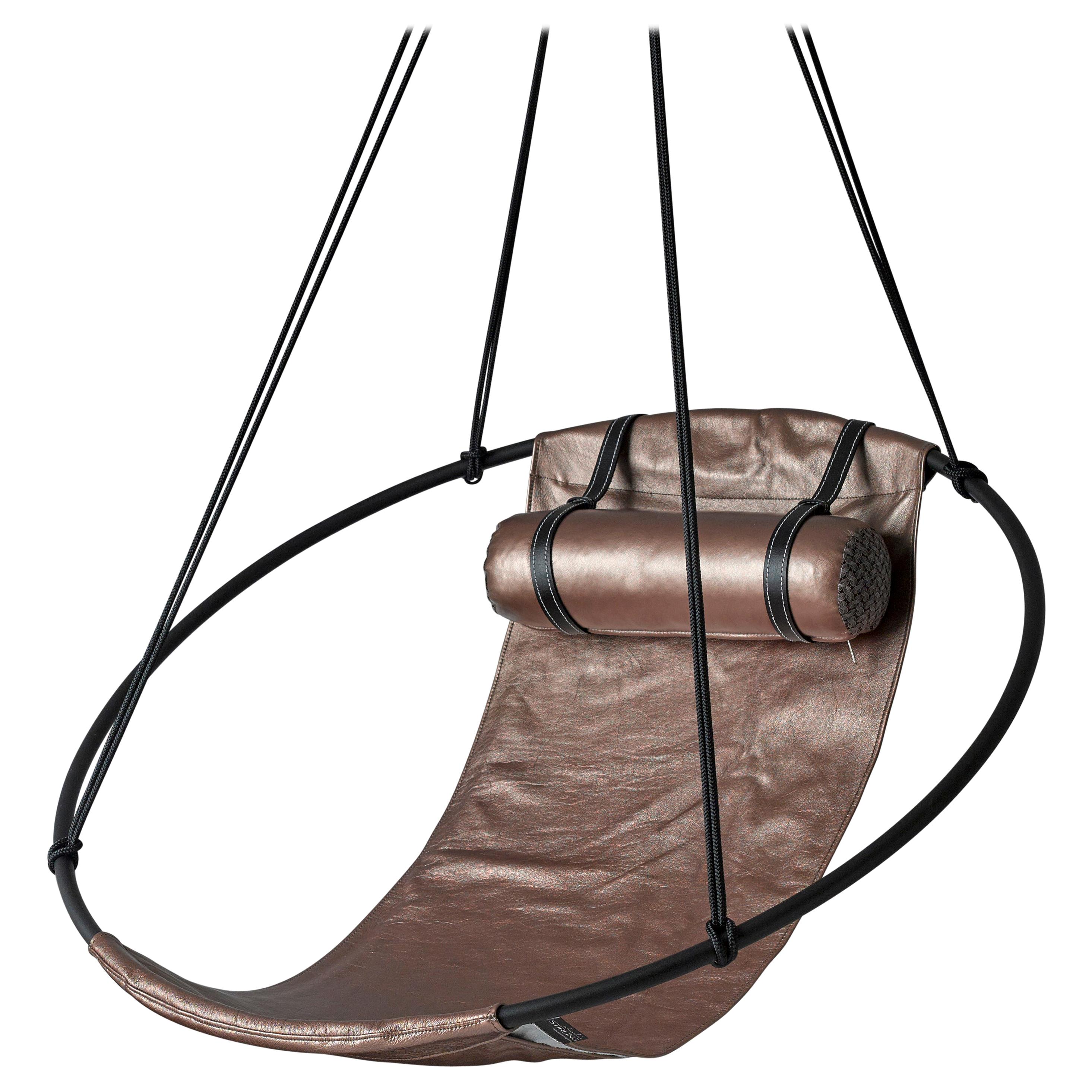 Sling Hanging Swing Chair Genuine Bronze Leather, 21st Century Modern For Sale