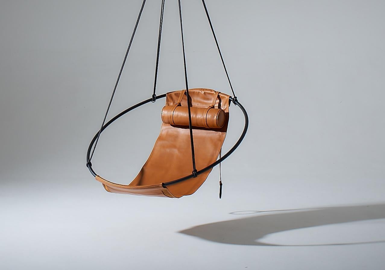 Sling Hanging Swing Chair Genuine Brown Leather 21st Century Modern For Sale 1