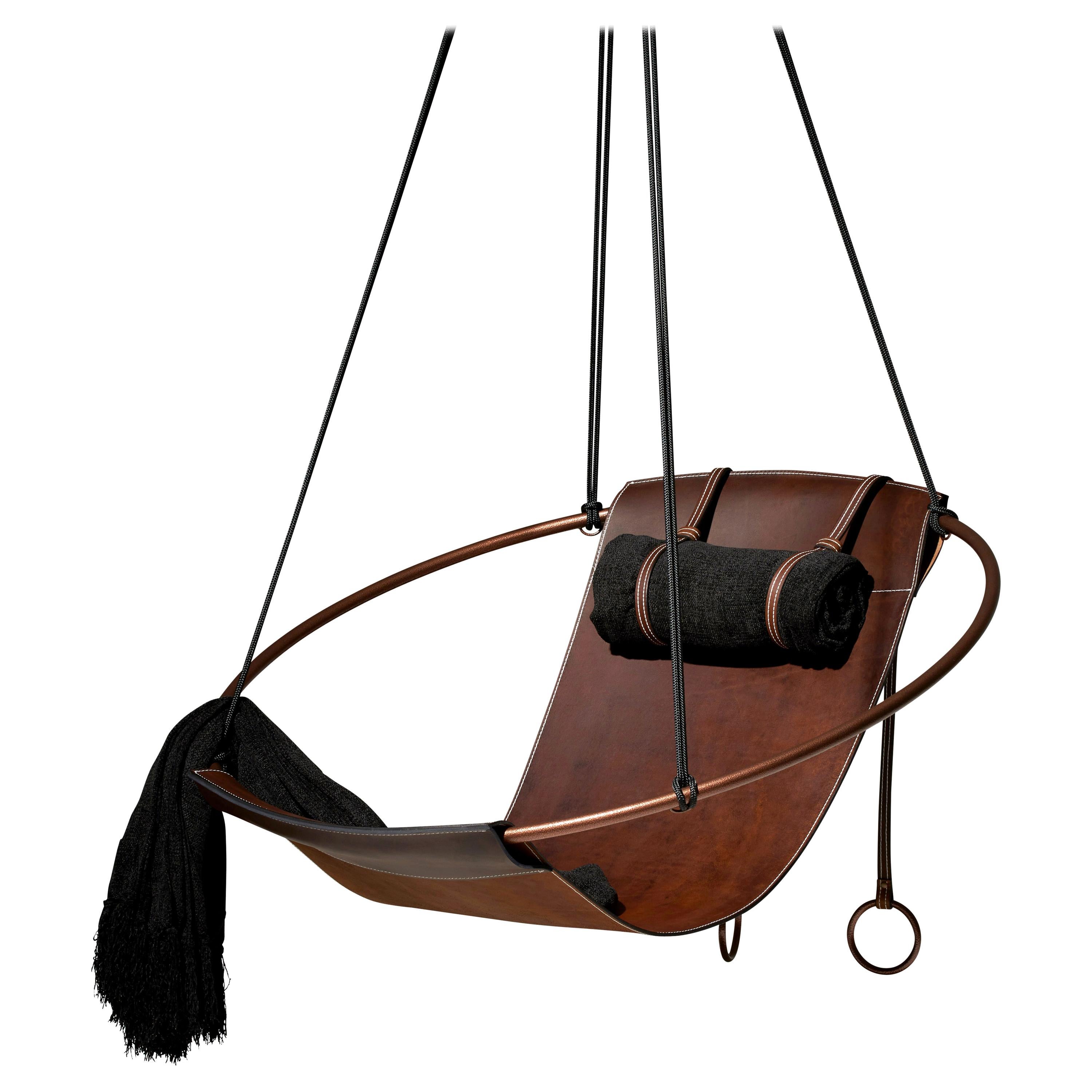 Sling Hanging Swing Chair Genuine Brown Leather 21st Century Modern For Sale